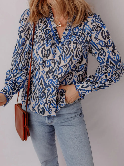 Paisley Print Long Sleeve Cotton Blouse With Frill Trim - Southern Shores Clothing