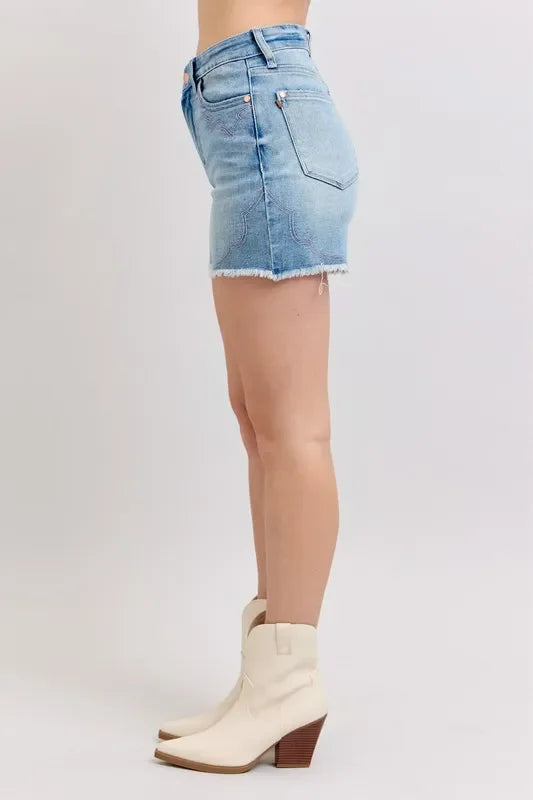 Plus Size High Waist Western Embroidered Cutoff Denim Shorts - Southern Shores Clothing