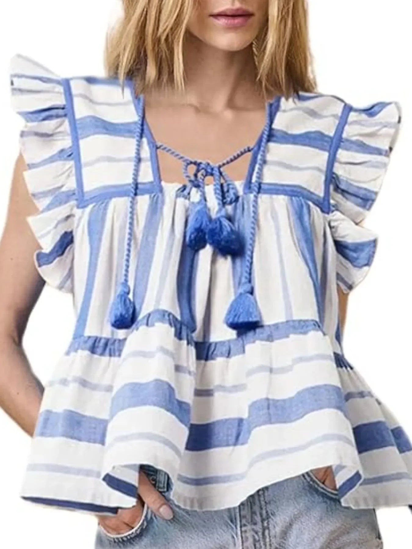 Casual Striped Tassel Ruffle Blouse Polyester - Southern Shores Clothing