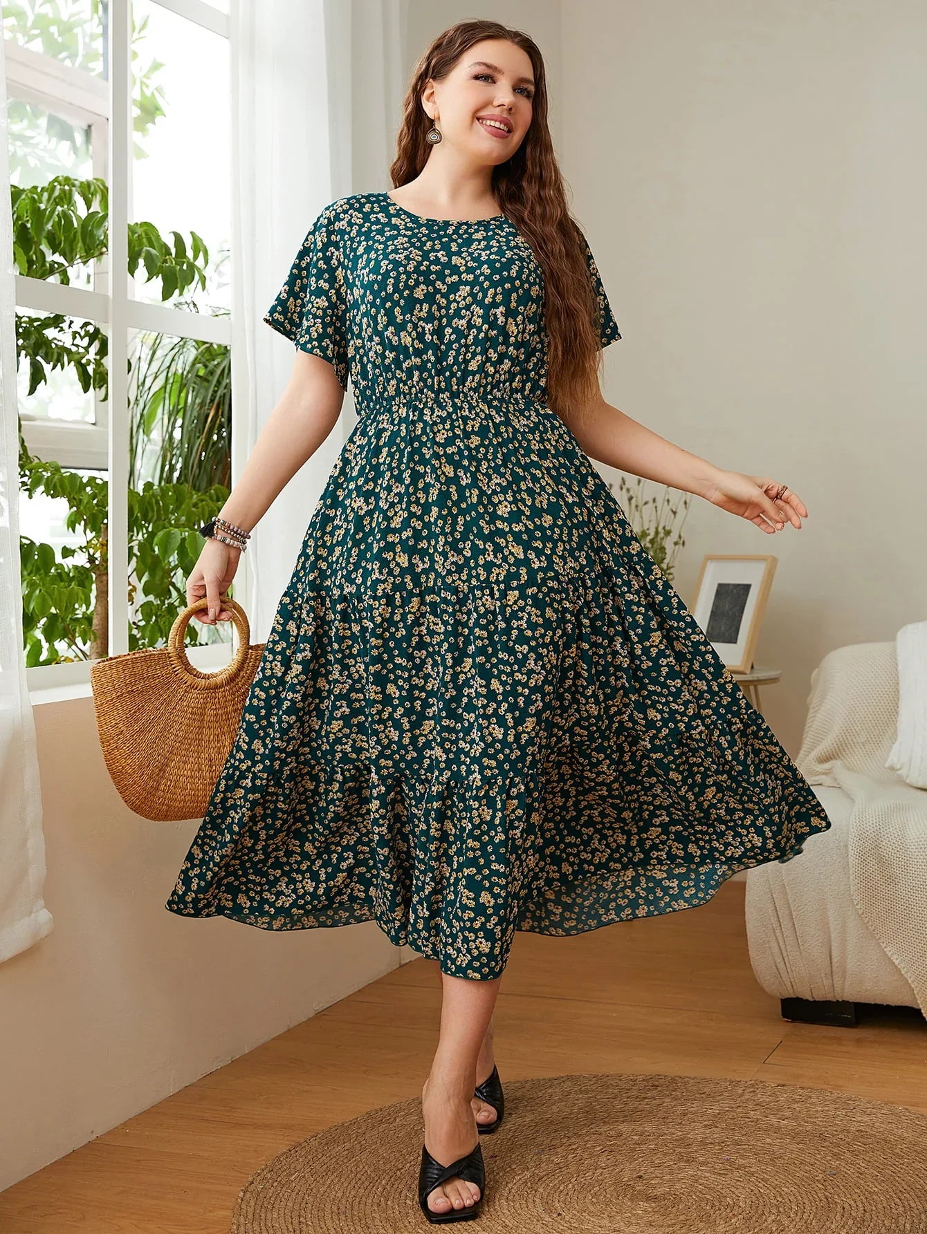 Honey Plus Size Floral Round Neck Short Sleeve Midi Dress - Southern Shores Clothing