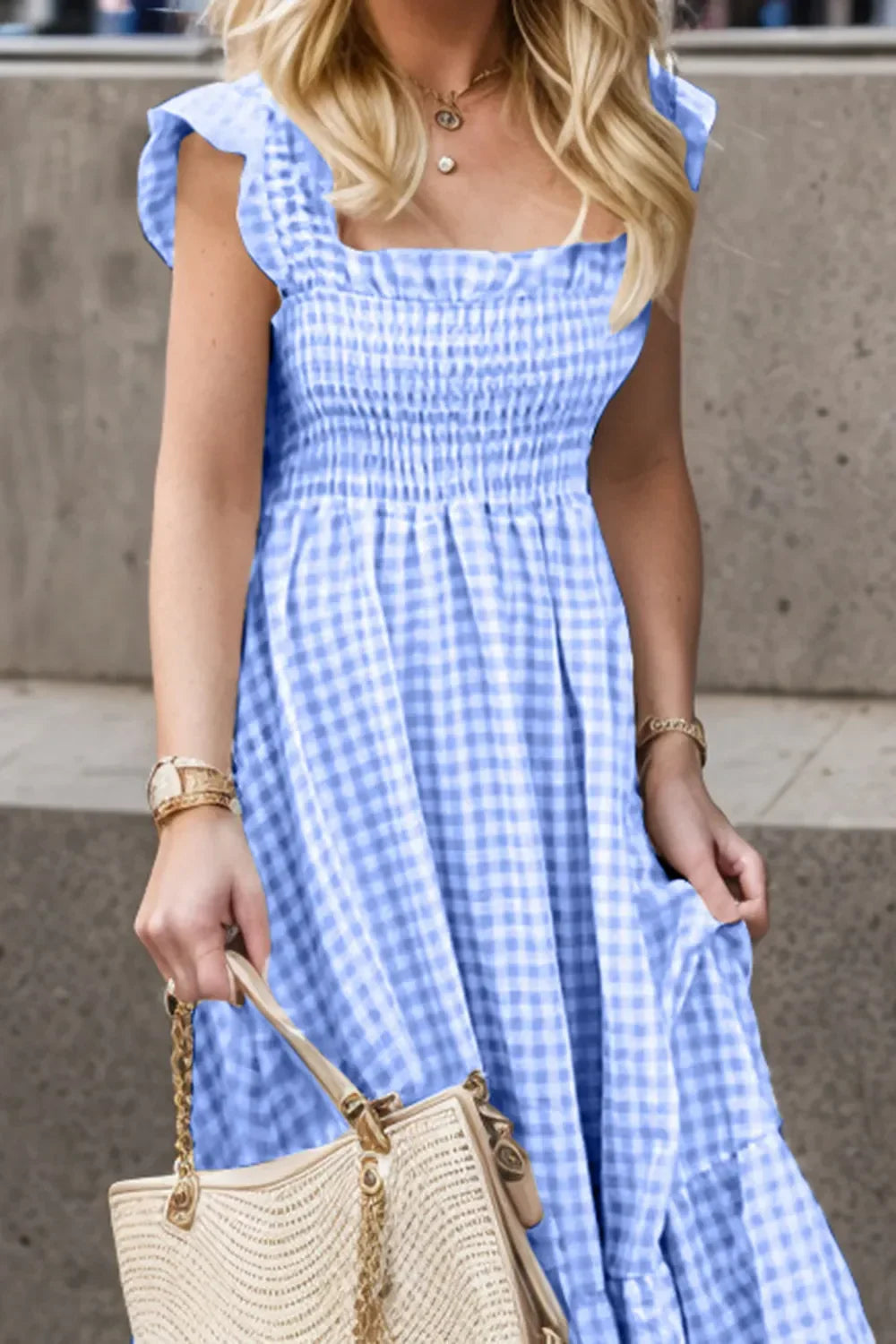 Smocked Ruffled Plaid Maxi Dress With Ruffle Hem - Southern Shores Clothing