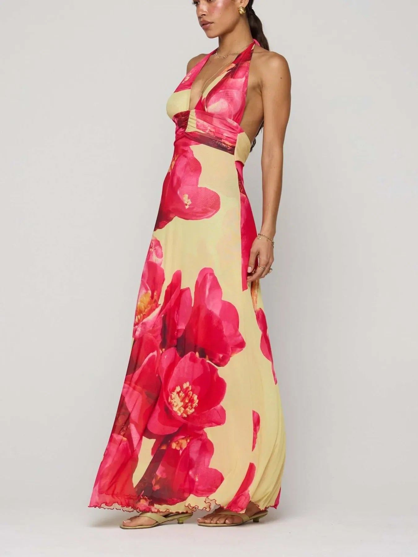 Floral Halter Neck Deep V Maxi Dress Beachwear - Southern Shores Clothing