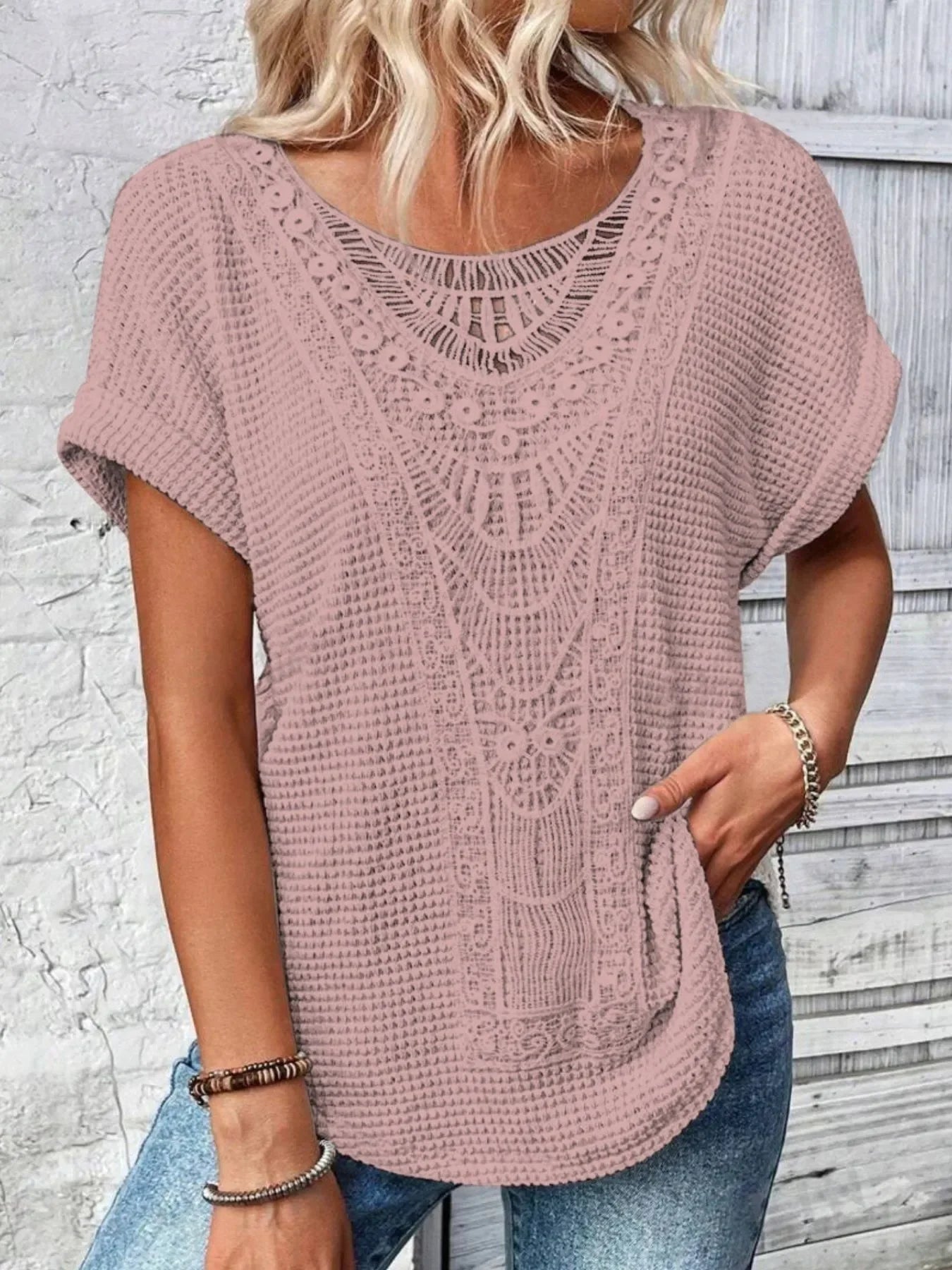 Crochet Lace Short Sleeve T Shirt Casual - Southern Shores Clothing