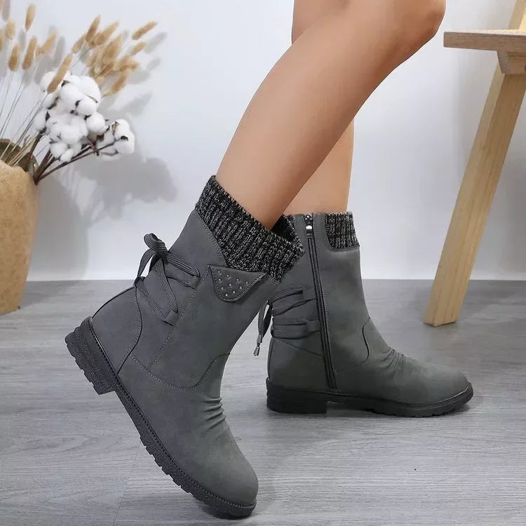 Knitted Cuff Round Toe Boots Suede Rubber Sole - Southern Shores Clothing
