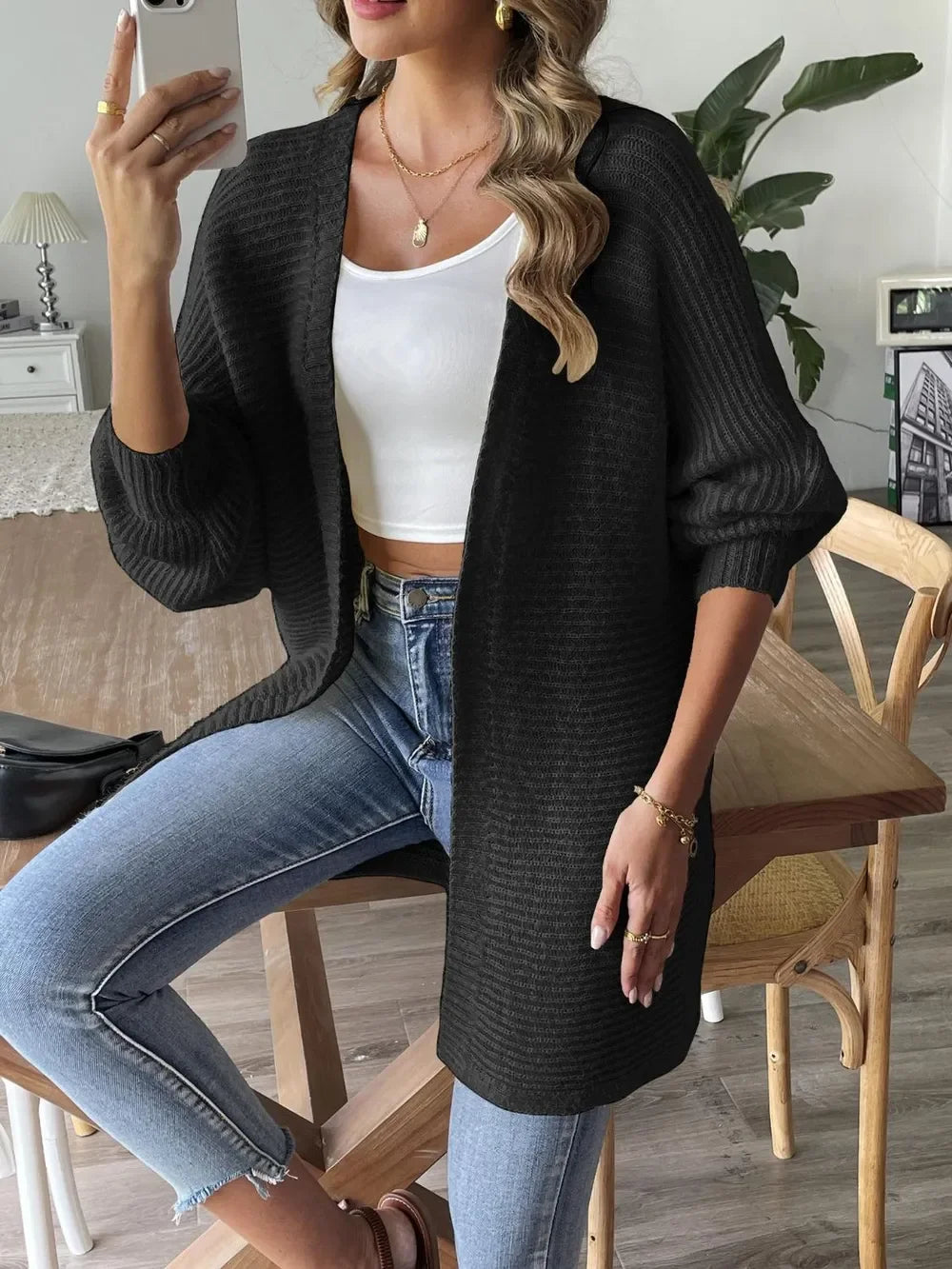 Open Front Stretch Cardigan With Long Sleeves - Southern Shores Clothing