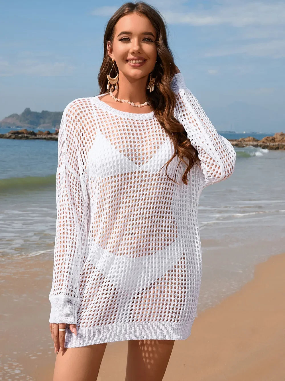 Backless Openwork Long Sleeve Swim Cover Up - Southern Shores Clothing