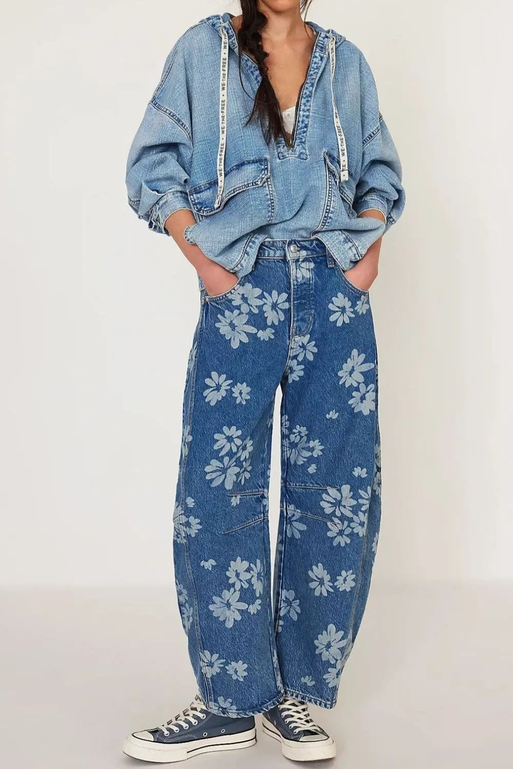 Denim Wide Leg Jeans With Ocean Flower Print - Southern Shores Clothing