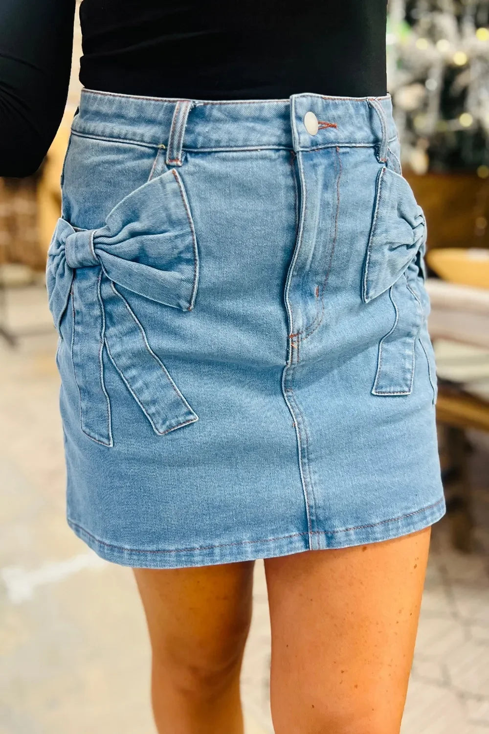 Acid Wash Bowknot Details High Waist Denim Skirt - Southern Shores Clothing