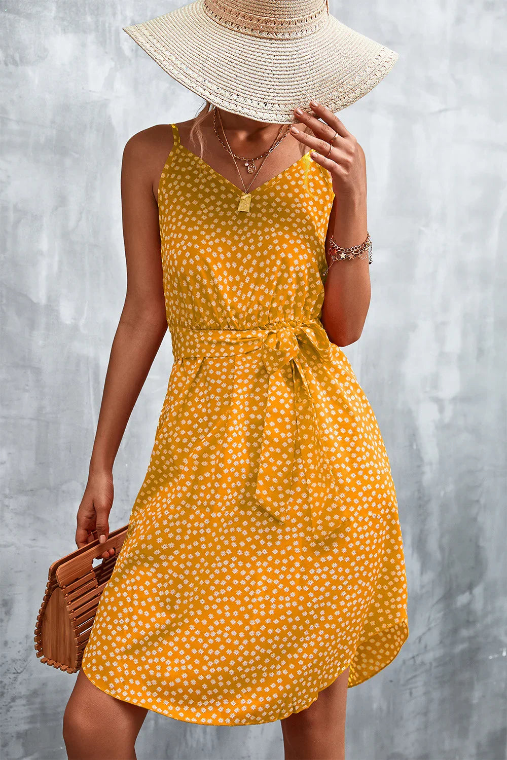 Printed V-Neck Tie Waist Mini Dress - Southern Shores Clothing