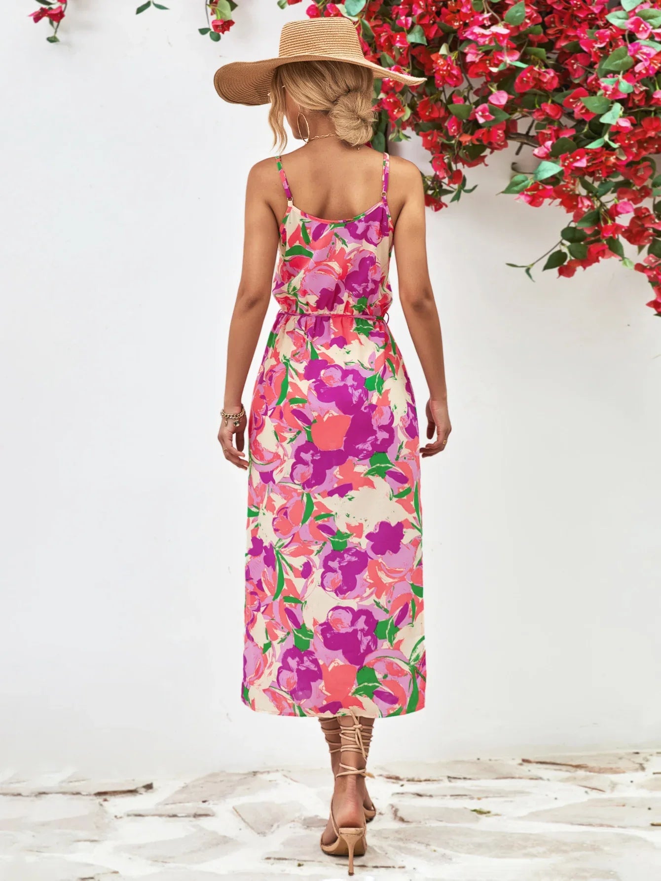 Printed Spaghetti Strap Front Slit Dress - Southern Shores Clothing
