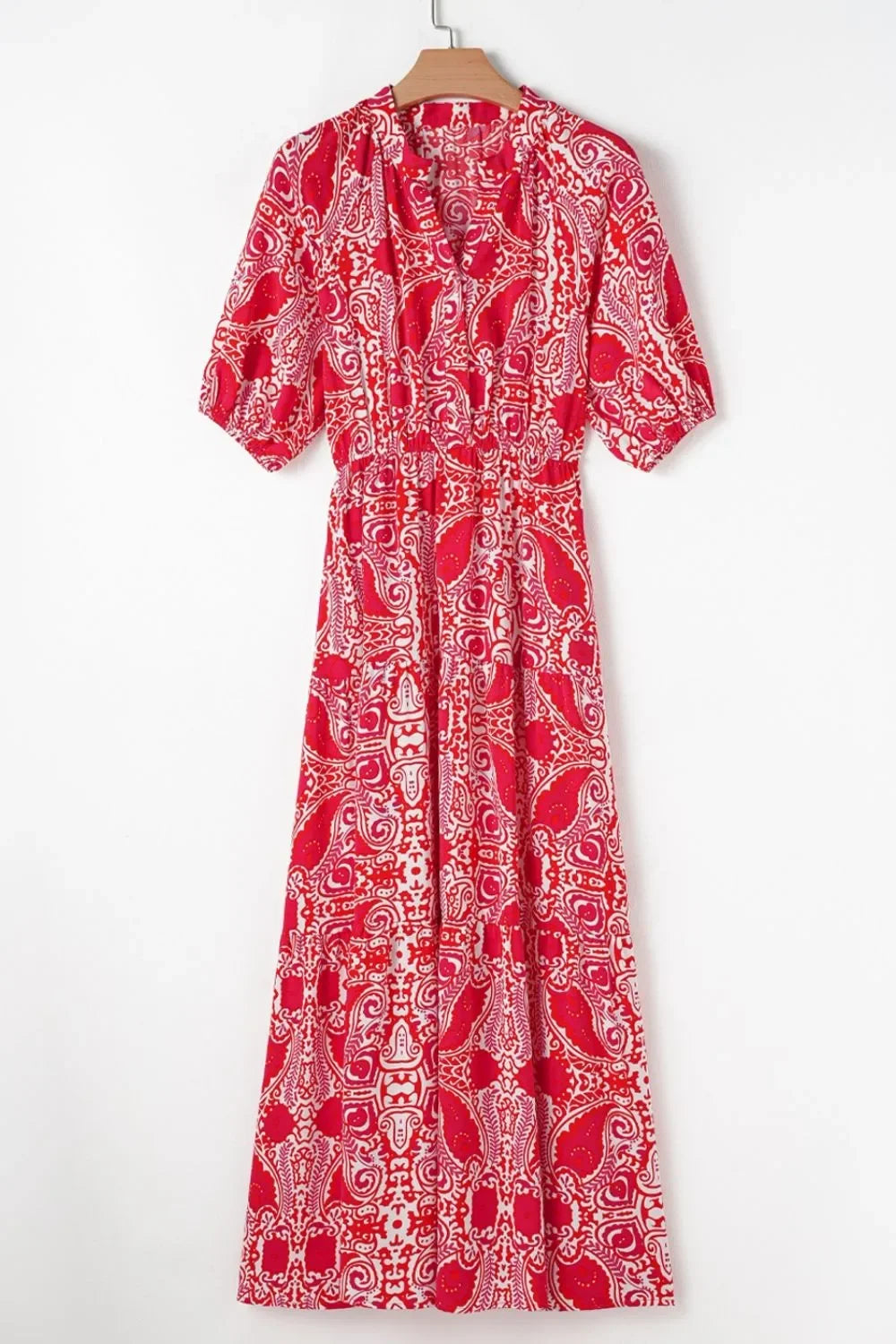 Paisley Print Side Slit High Waist Maxi Dress With Puff Sleeves - Southern Shores Clothing