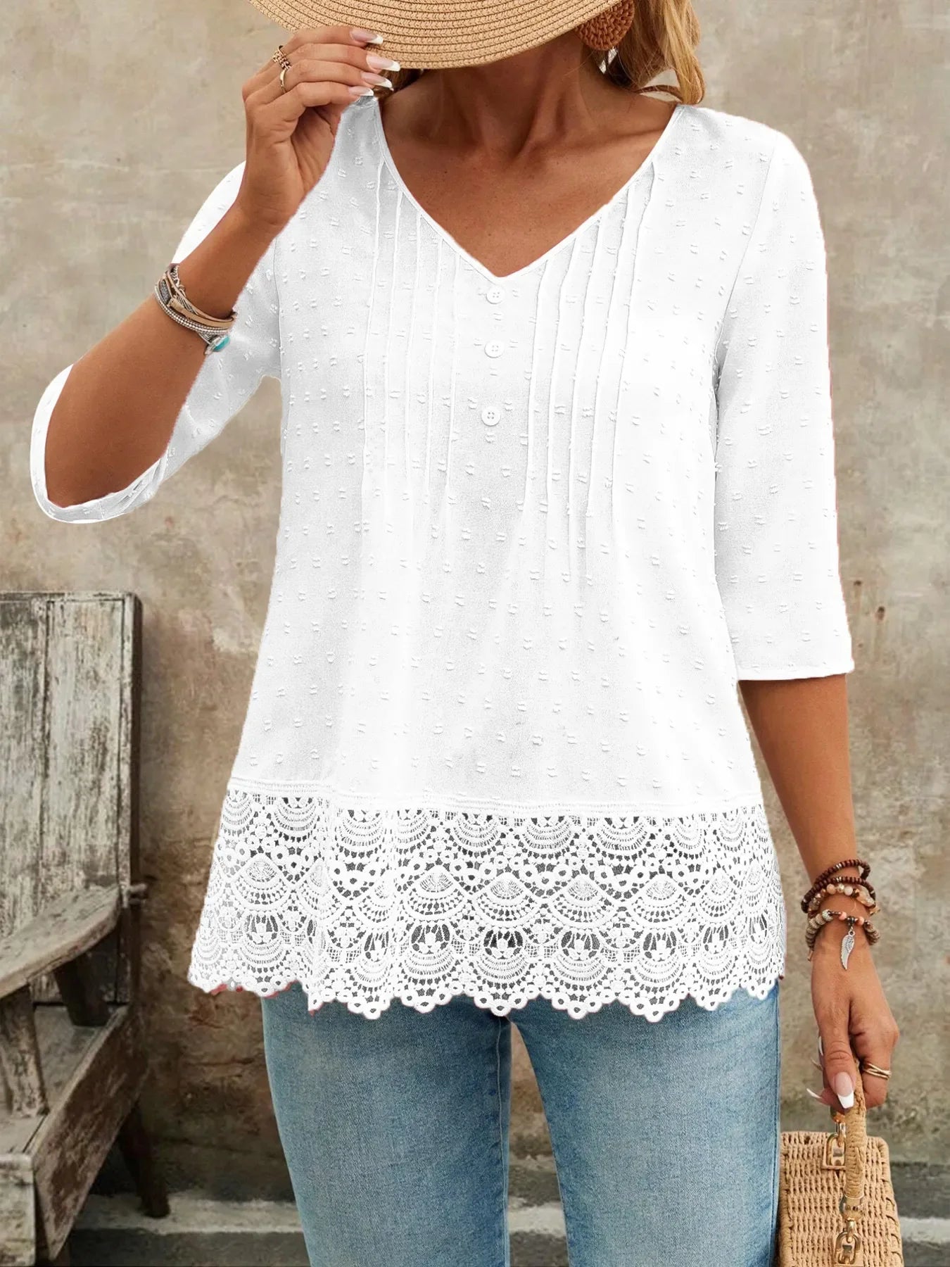 V-Neck Lace Hem Blouse With Decorative Button - Southern Shores Clothing