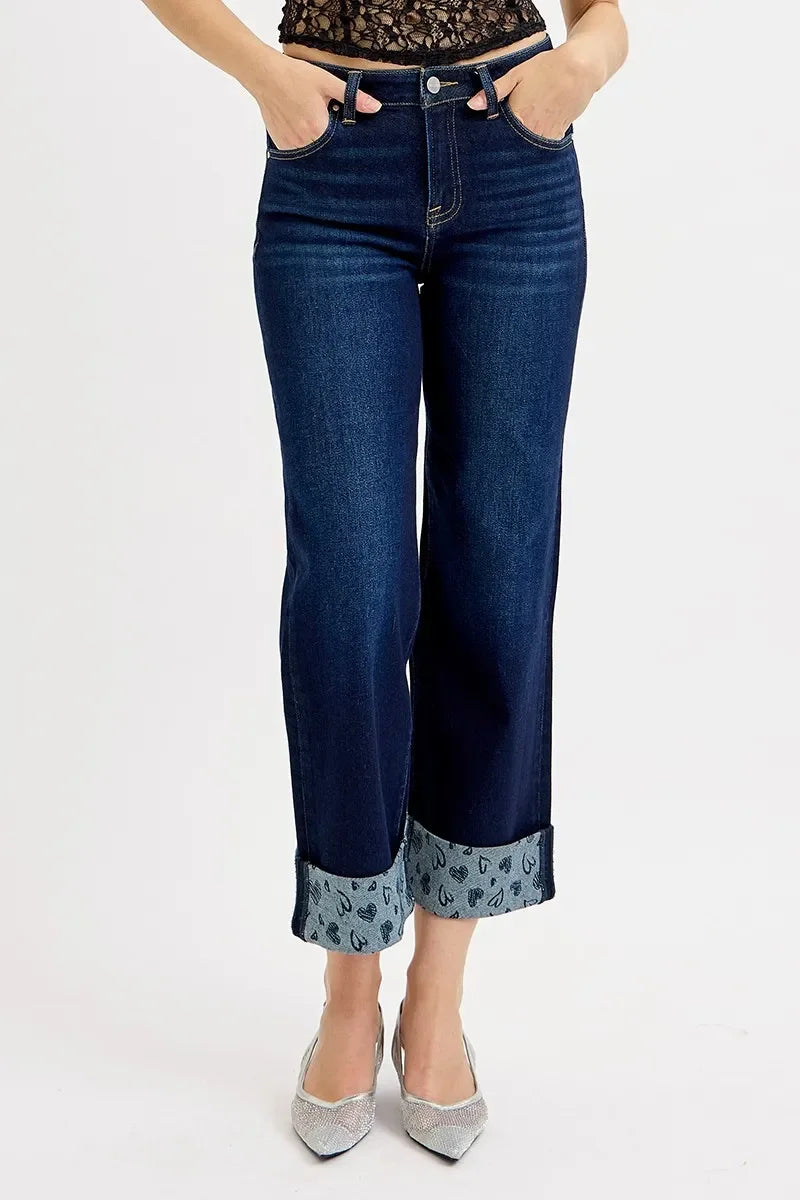 Crop Wide Jeans With Printed Cuff Plus Size - Southern Shores Clothing