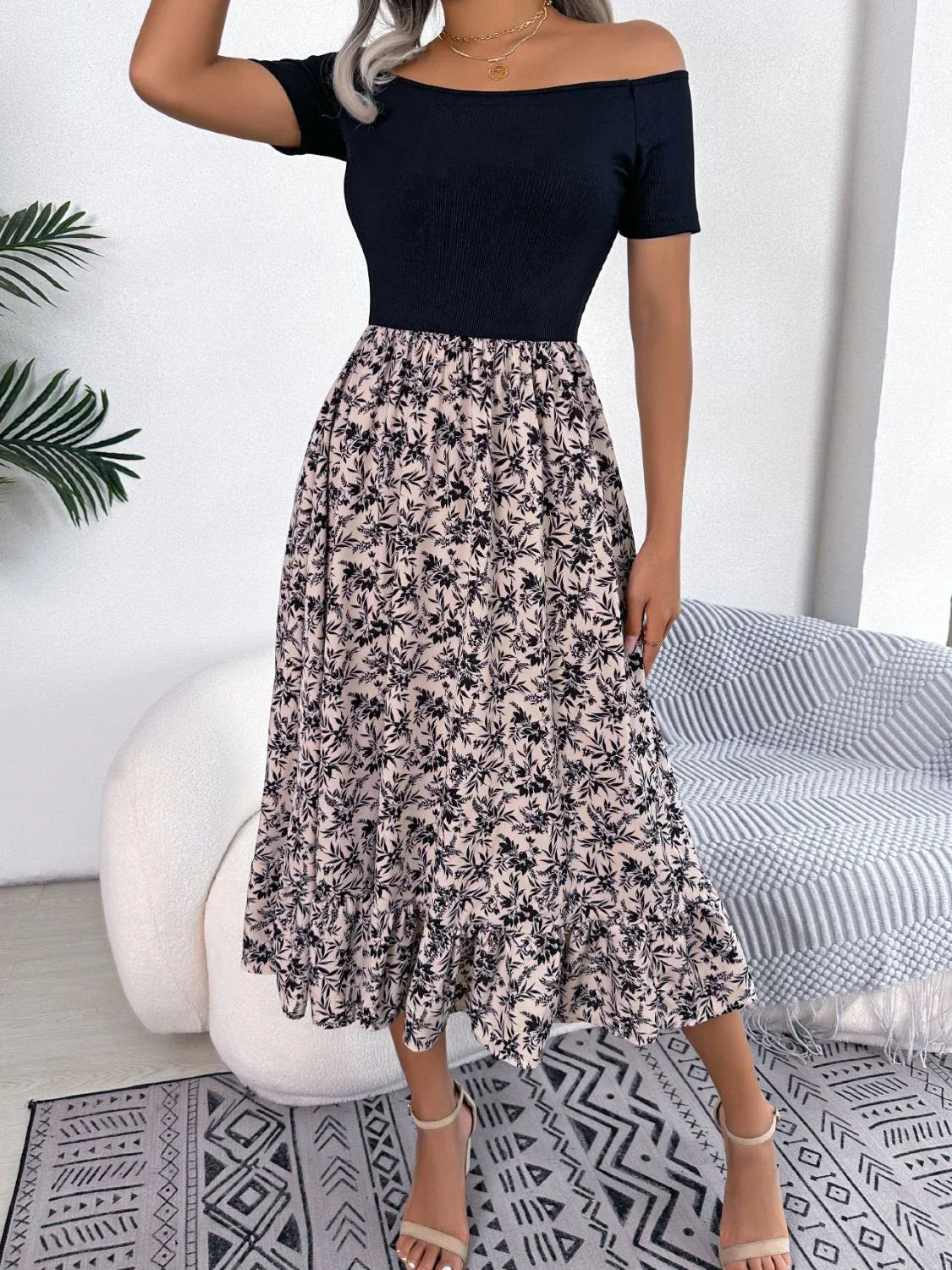 Printed Off-Shoulder Ruffle Hem Dress - Southern Shores Clothing
