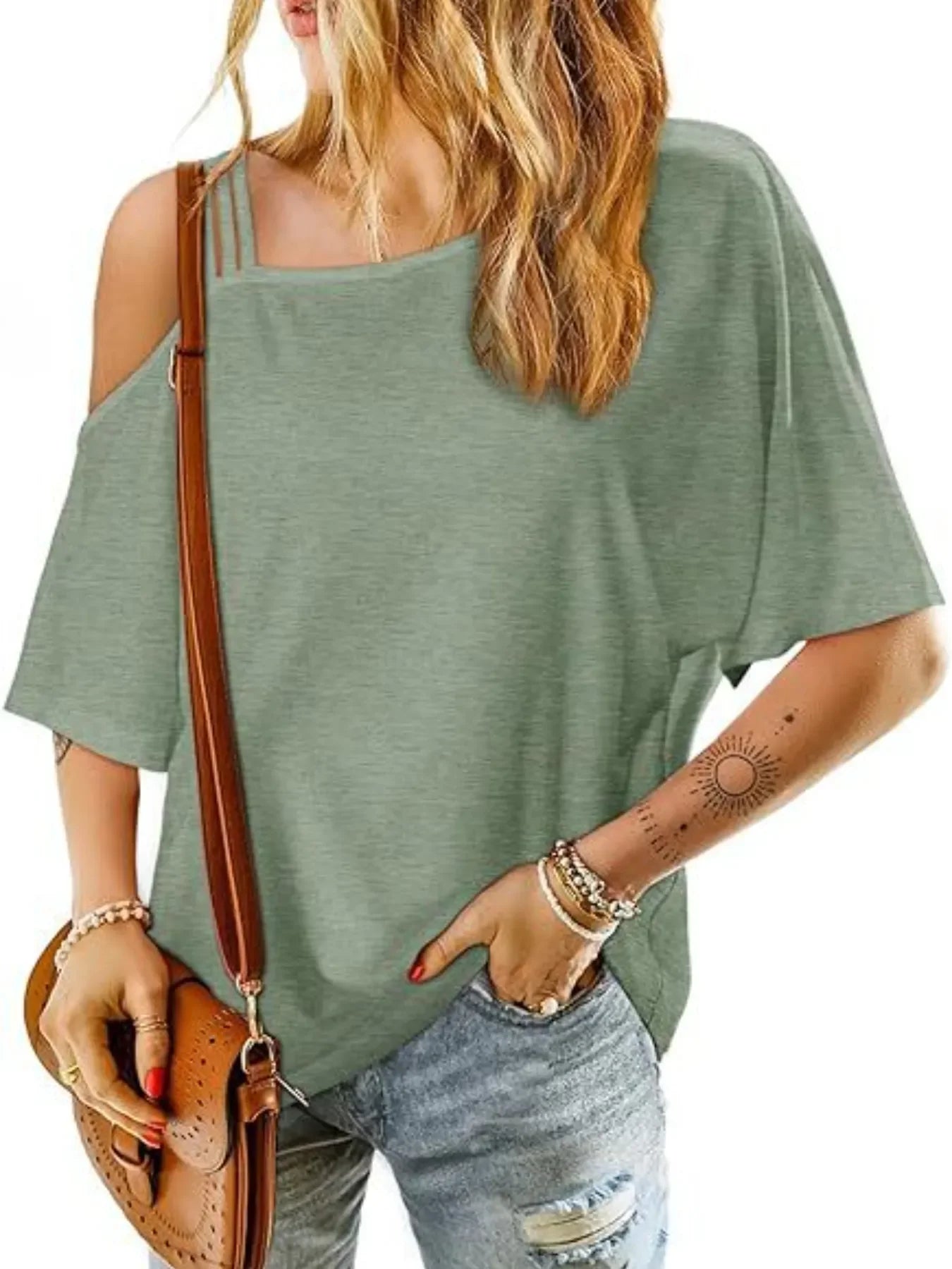 Asymmetrical Neck Half Sleeve Tee With Relaxed Fit - Southern Shores Clothing