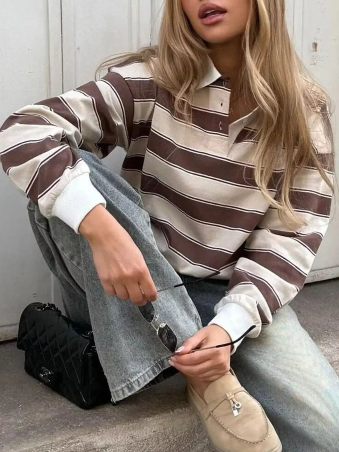 Striped Button Detail Long Sleeve Polo - Southern Shores Clothing