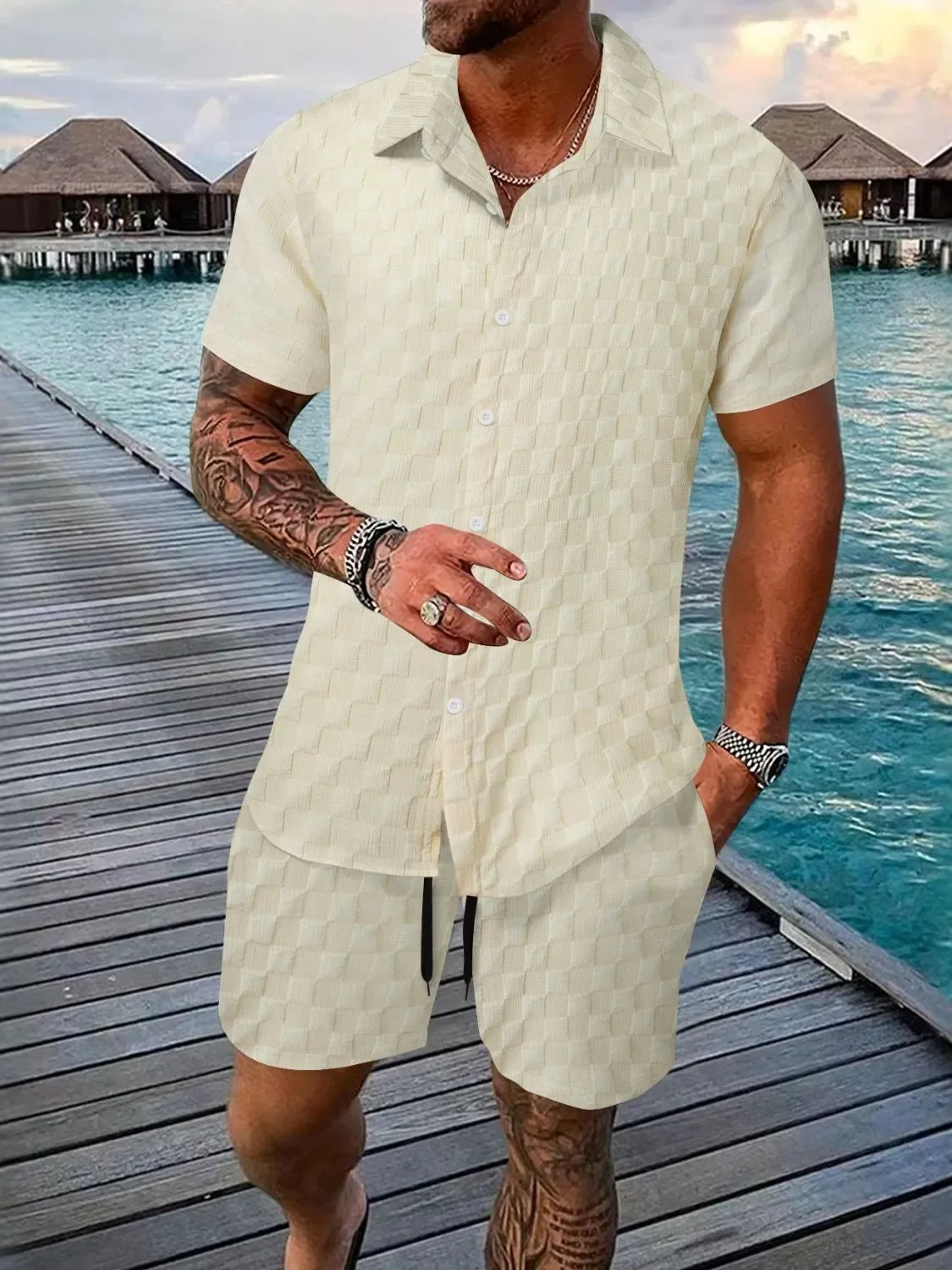Men's Full Size Collared Neck Short Sleeve Top and Shorts Set Plus Size - Southern Shores Clothing