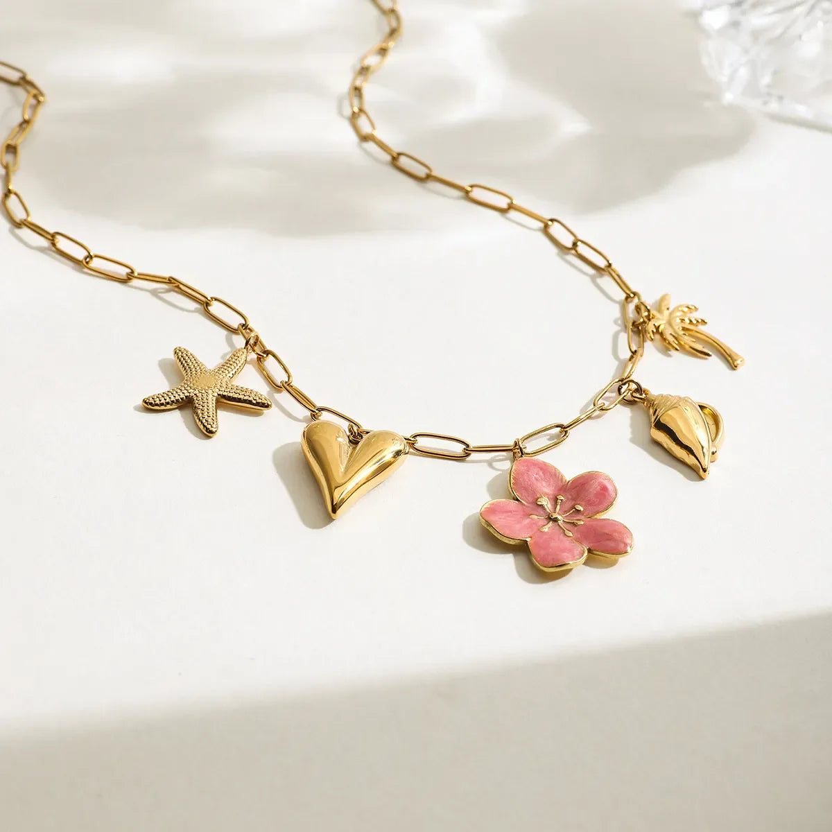 Coastal Beach Pendant Necklace With Pink Resin Flower Charm - Southern Shores Clothing