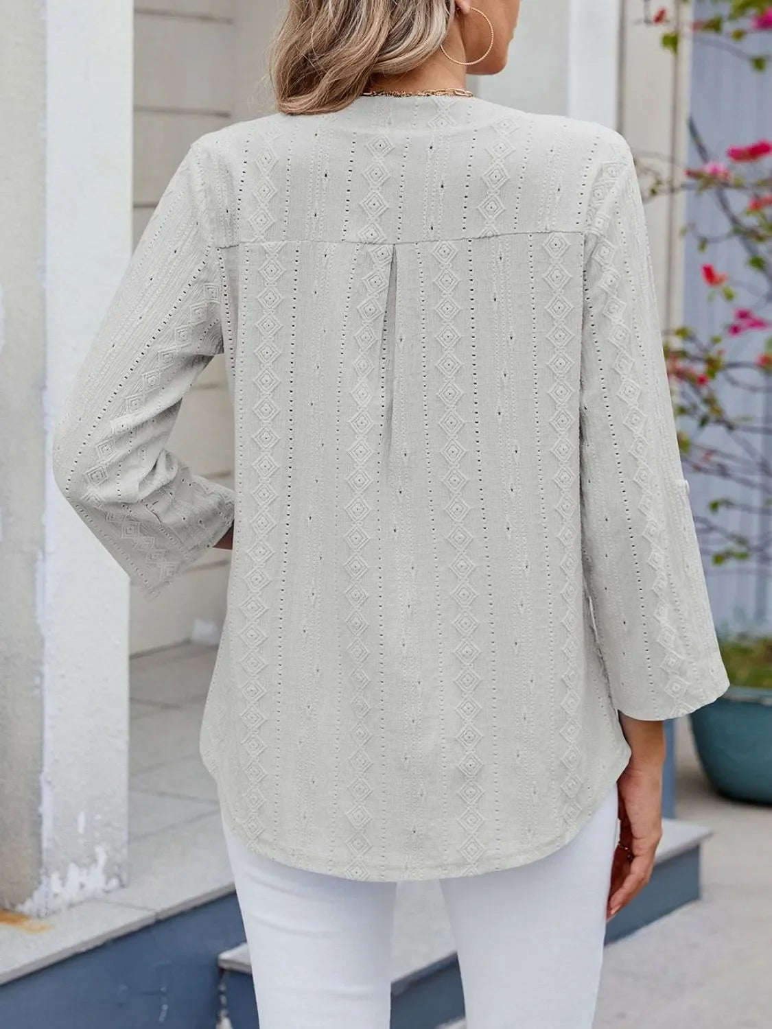 Eyelet Notched Roll-Tab Sleeve Top For Everyday Casual Wear - Southern Shores Clothing