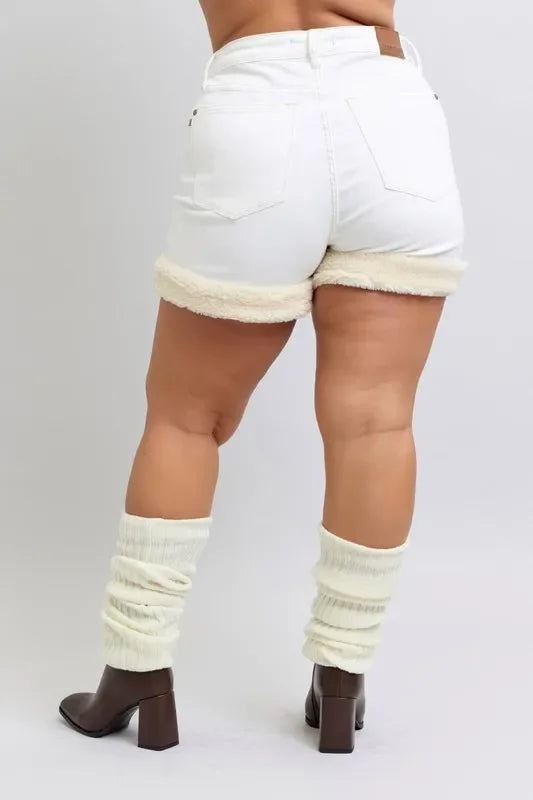 High Waist Shearling Cuff Denim Shorts Plus Size - Southern Shores Clothing