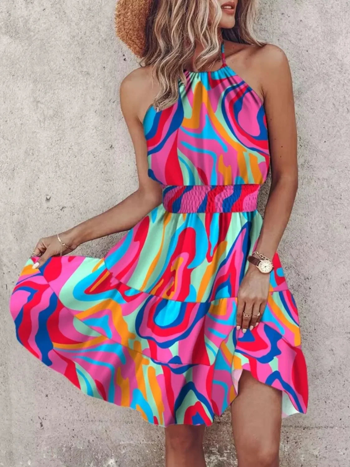 Ruffled Smocked Paisley Print Halter Neck Mini Dress Boho - Southern Shores Clothing
