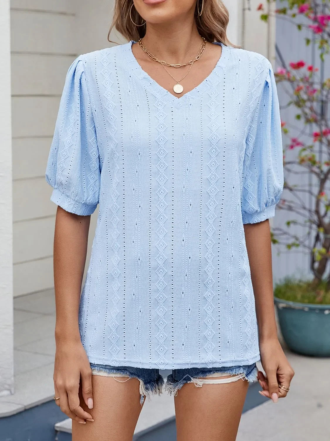 Puff Sleeve V-Neck Eyelet Lace Stretch T Shirt - Southern Shores Clothing