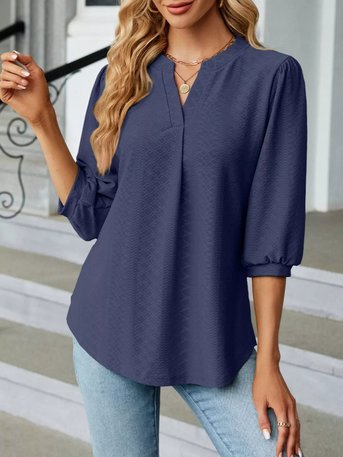 Notched 3/4 Sleeve Casual Top - Southern Shores Clothing