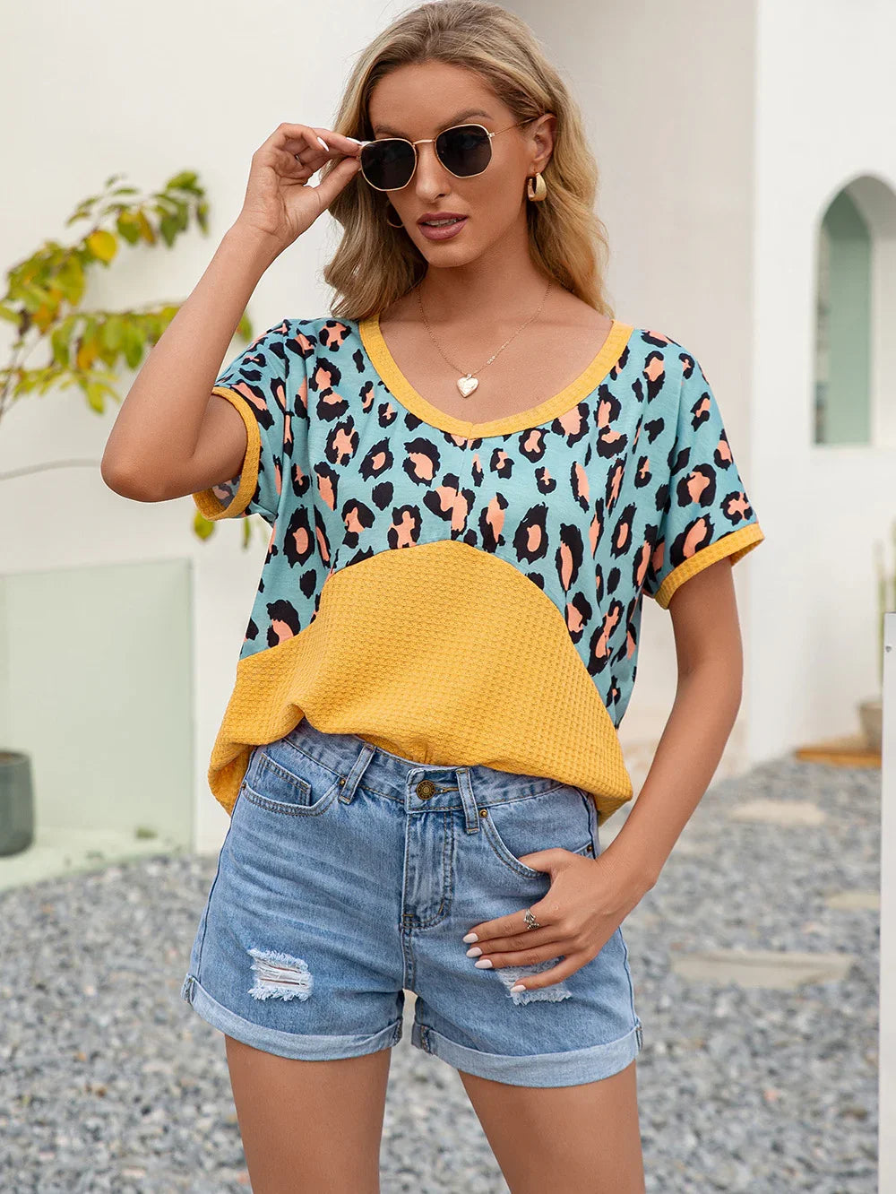 Leopard Print Waffle-Knit Short Sleeve Top - Southern Shores Clothing