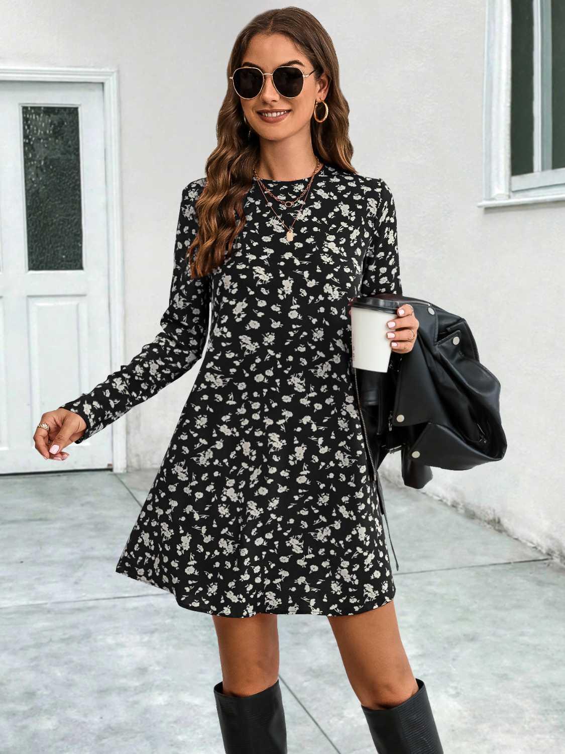 Round Neck Long Sleeve Mini Dress - Southern Shores Clothing