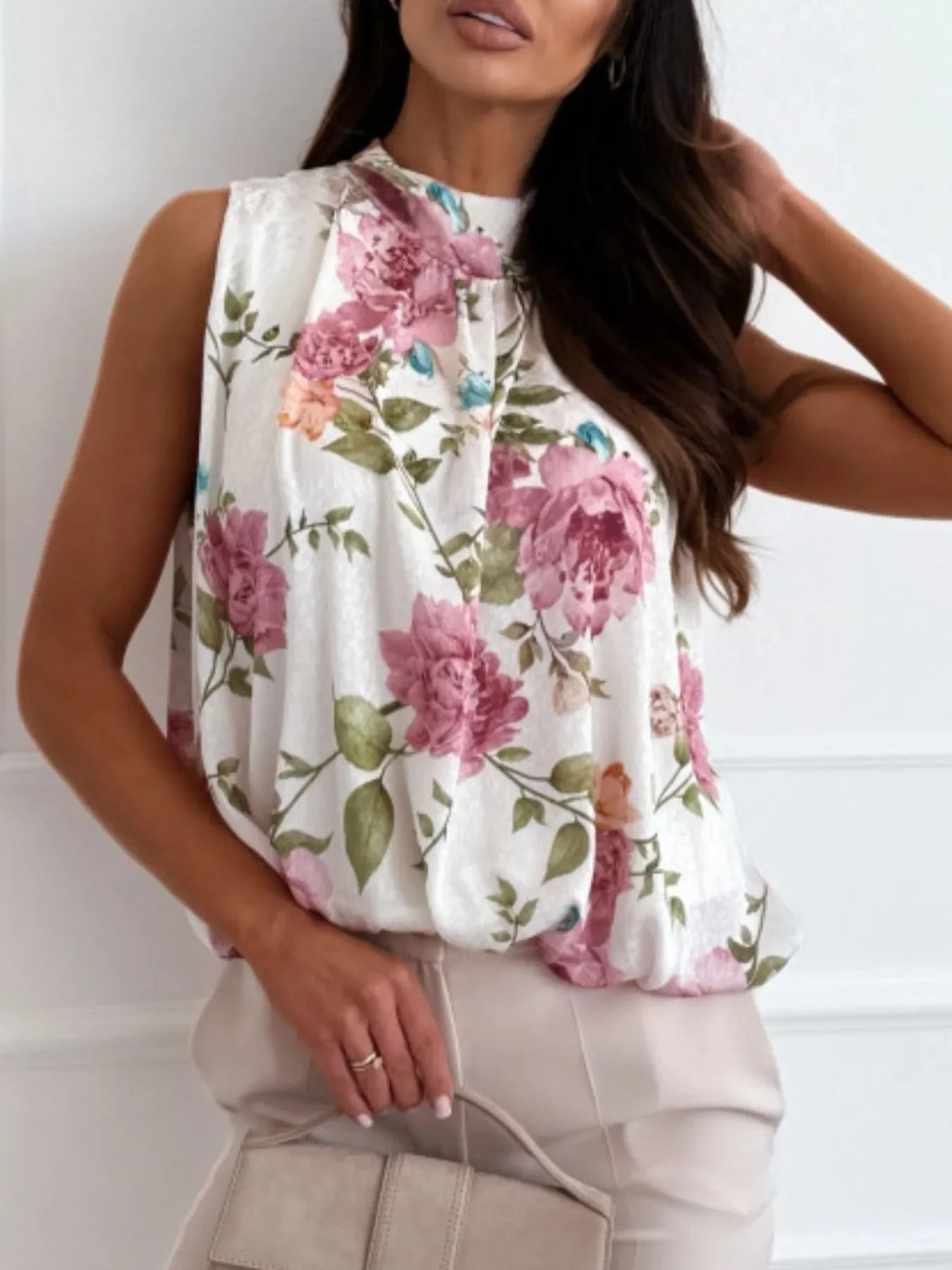 Floral Mock Neck Sleeveless Polyester Blouse - Southern Shores Clothing