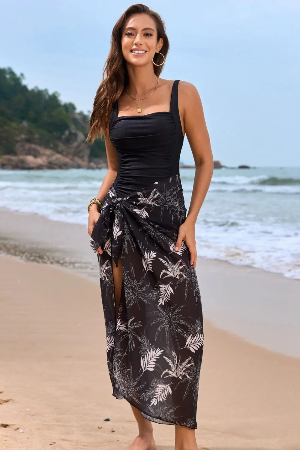 Two-Piece Square Neck Printed Swim Set With Wrap Skirt Cover-Up - Southern Shores Clothing