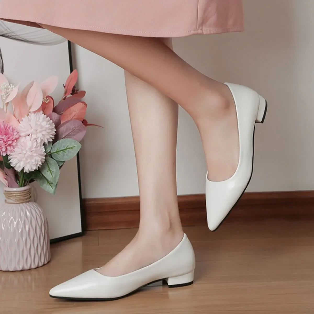 Pointed Toe Low Heel Pump Synthetic Leather