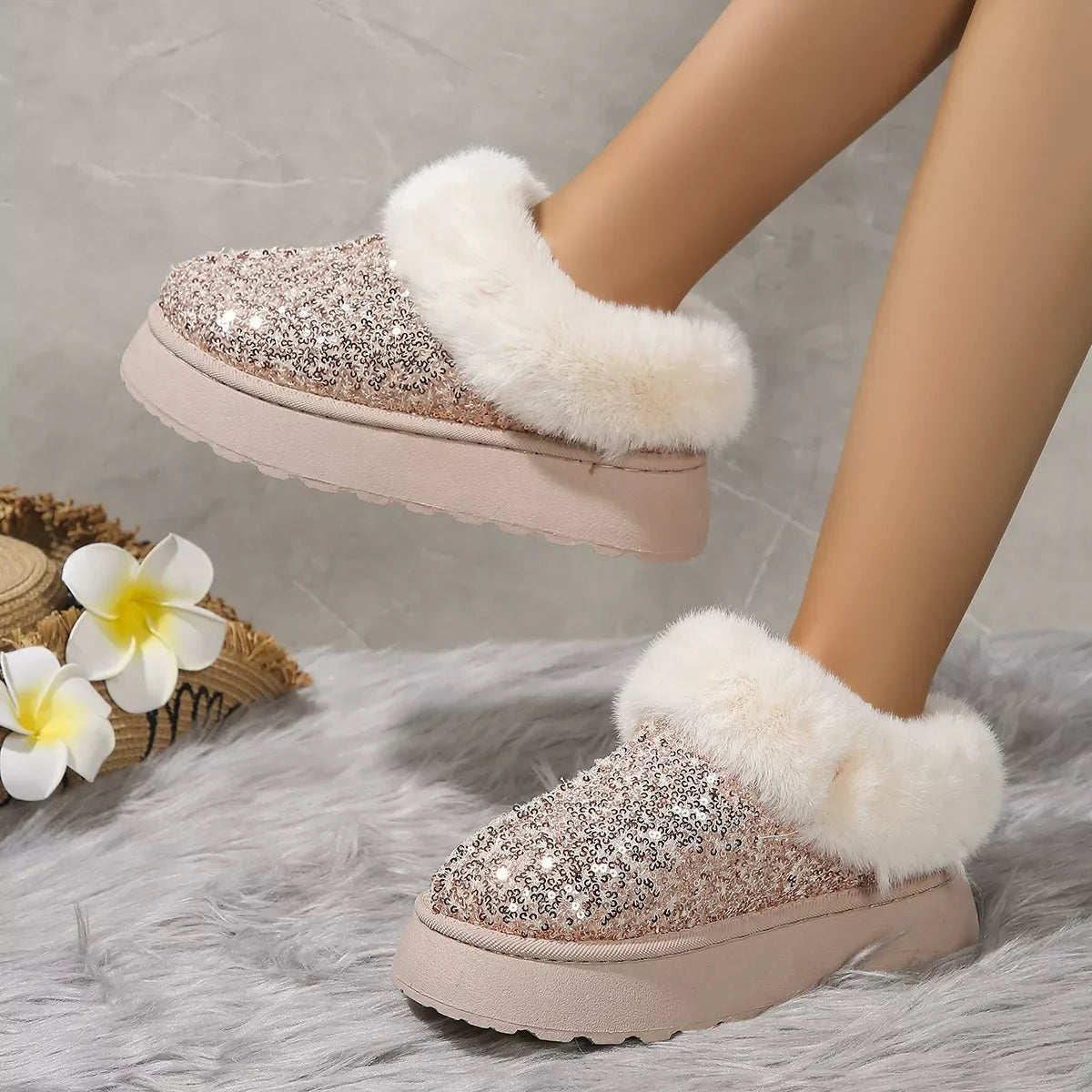 Sequined Round Toe Platform Boots With Faux Fur Trim - Southern Shores Clothing
