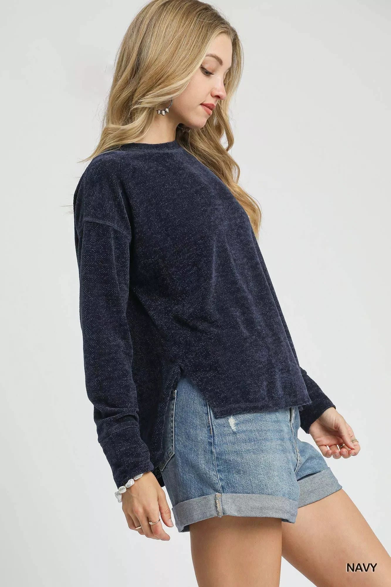 Round Neck Long Sleeve Top With Side Slits - Southern Shores Clothing