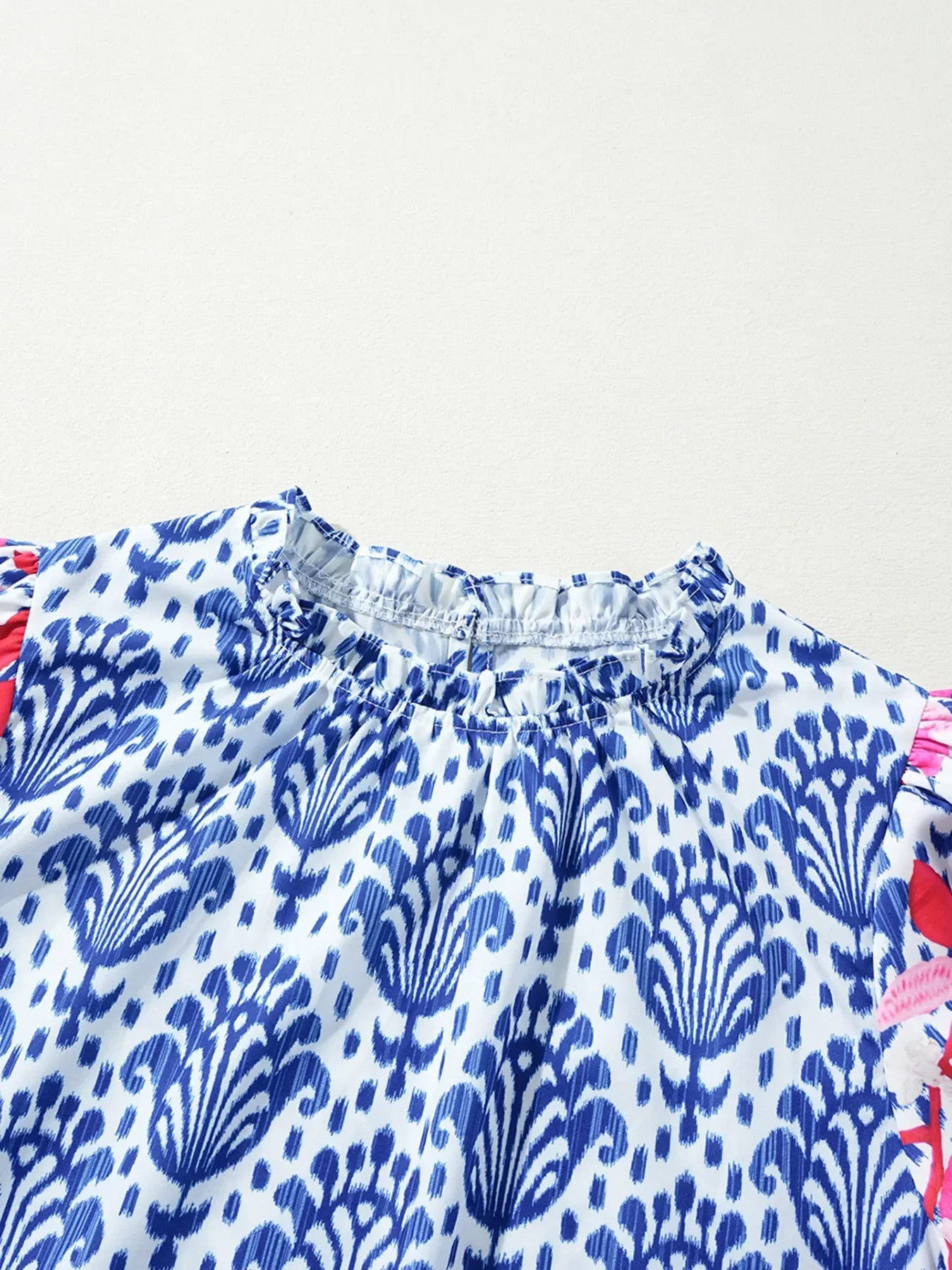 Printed Puff Sleeve Frilled Neck Blouse Top - Southern Shores Clothing