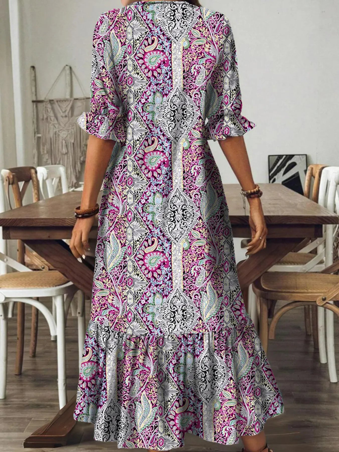 Bohemian Paisley Print V Neck Tiered Midi Dress Pattern - Southern Shores Clothing