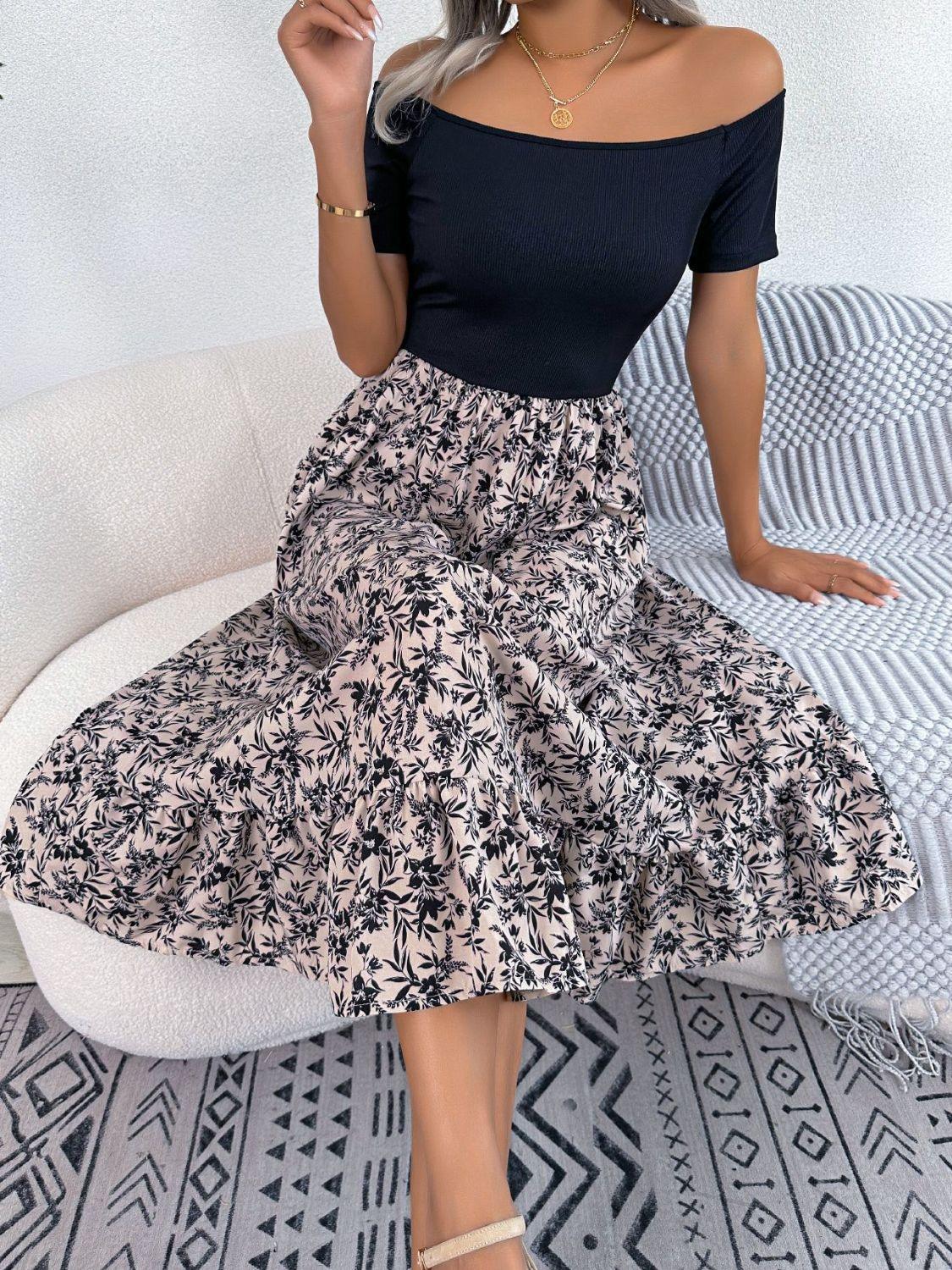 Printed Off-Shoulder Ruffle Hem Dress - Southern Shores Clothing