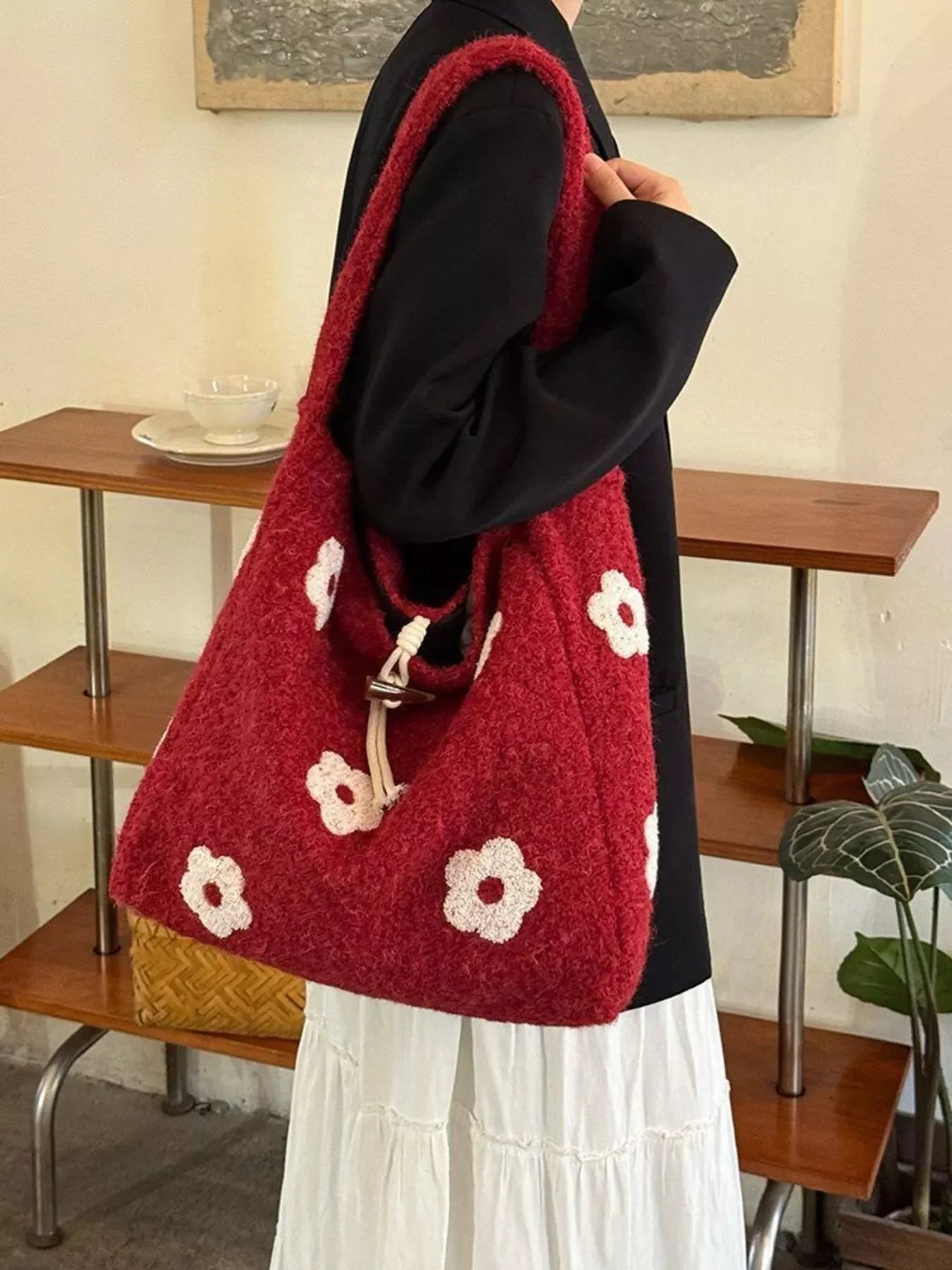 Floral Fuzzy Knit Tote Bag With Plush Finish - Southern Shores Clothing