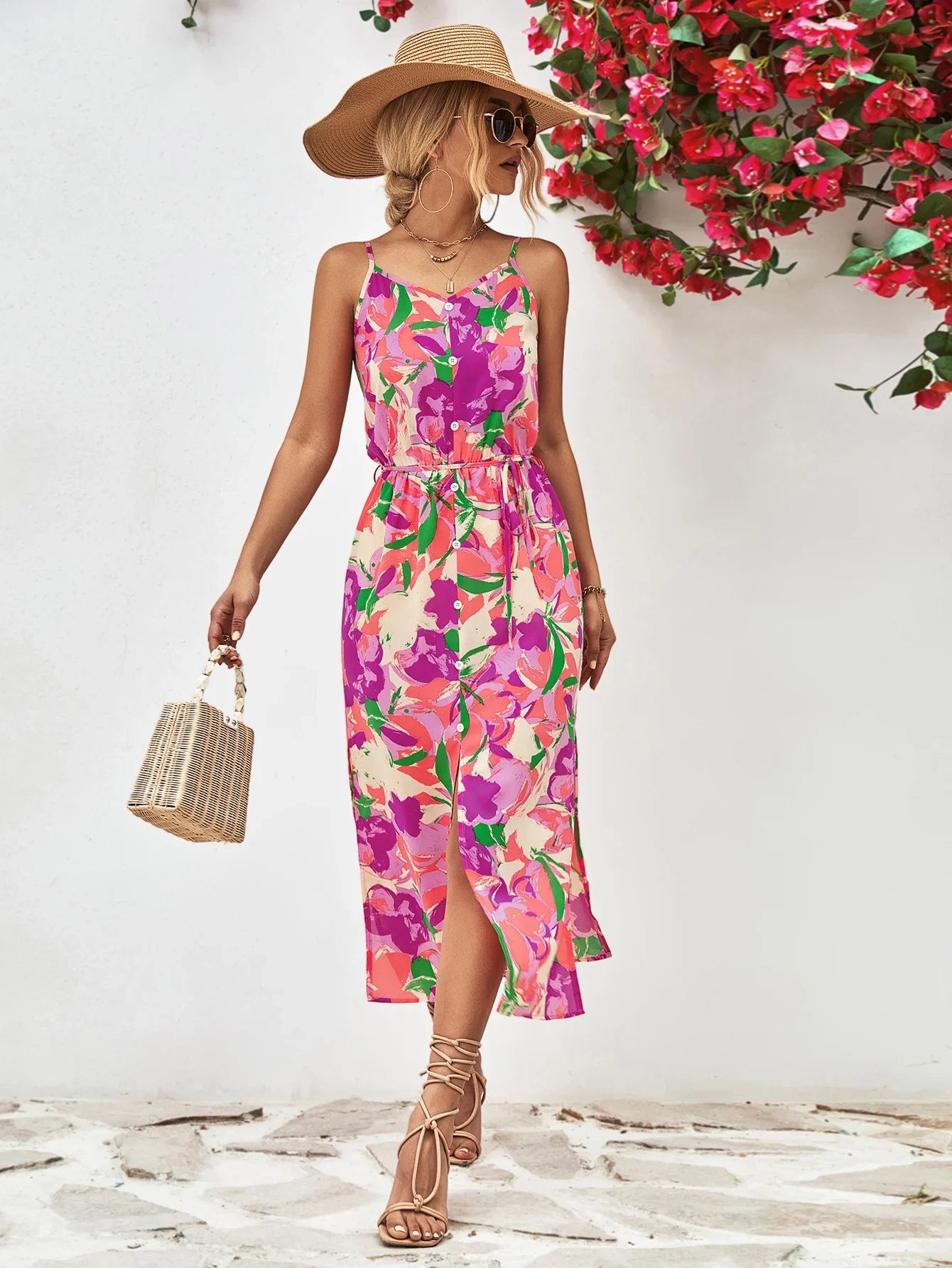 Printed Spaghetti Strap Front Slit Dress - Southern Shores Clothing