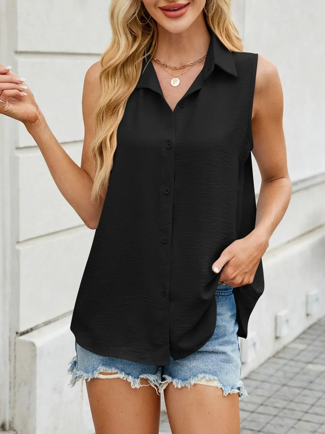 Lightweight Button Down Collared Sleeveless Tank Top Polyester - Southern Shores Clothing