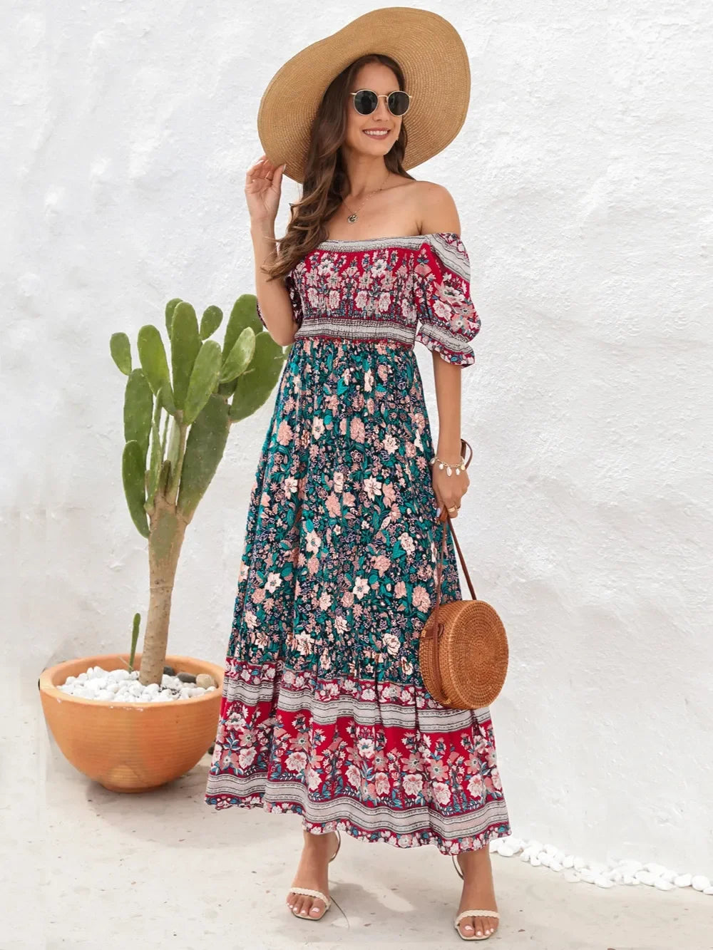 Floral Flounce Sleeve Midi Dress Rayon Off Shoulder Boho - Southern Shores Clothing