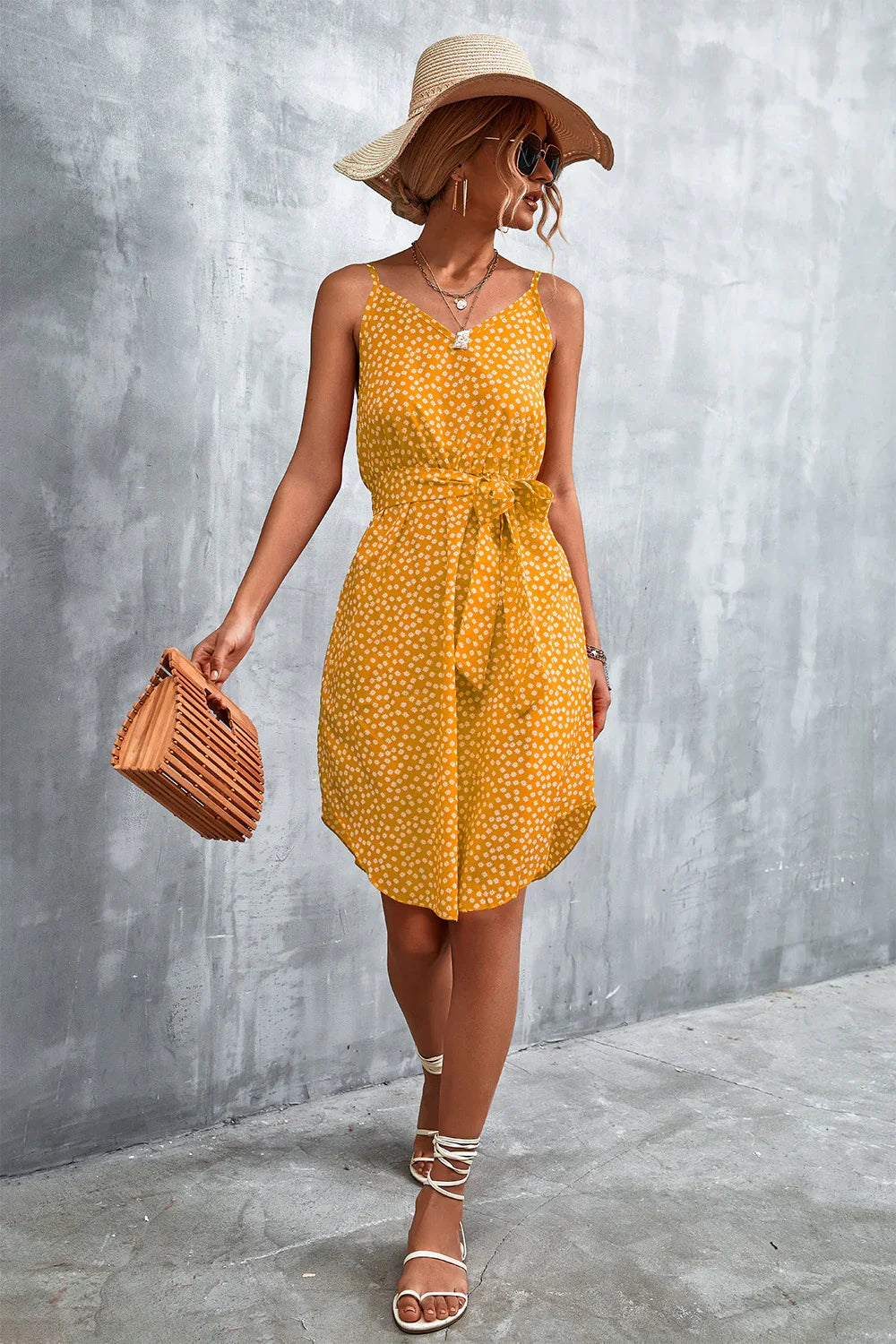 Printed V-Neck Tie Waist Mini Dress - Southern Shores Clothing