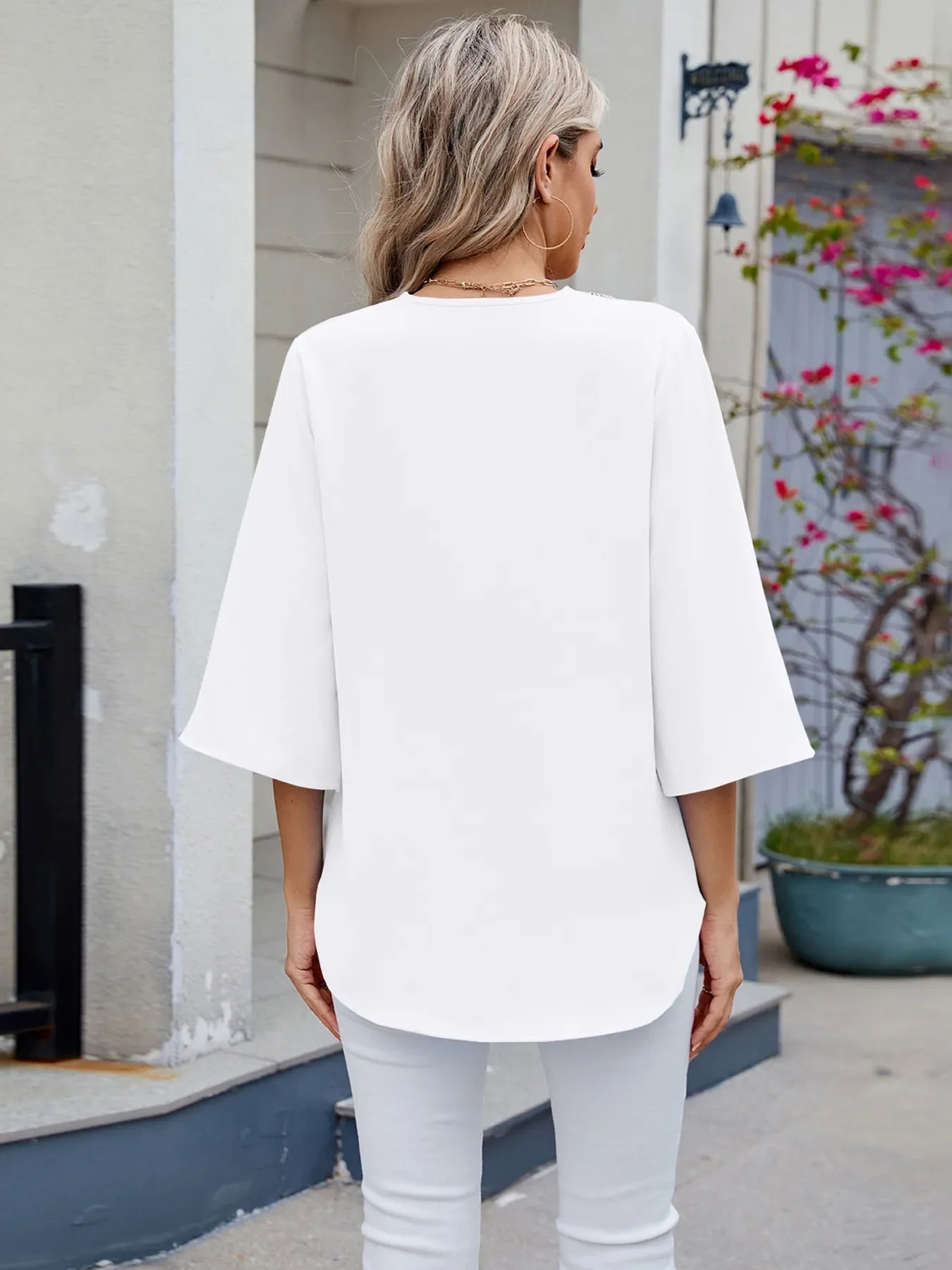 V-Neck Lace Trim Blouse With Rayon Blend And Spade Design - Southern Shores Clothing
