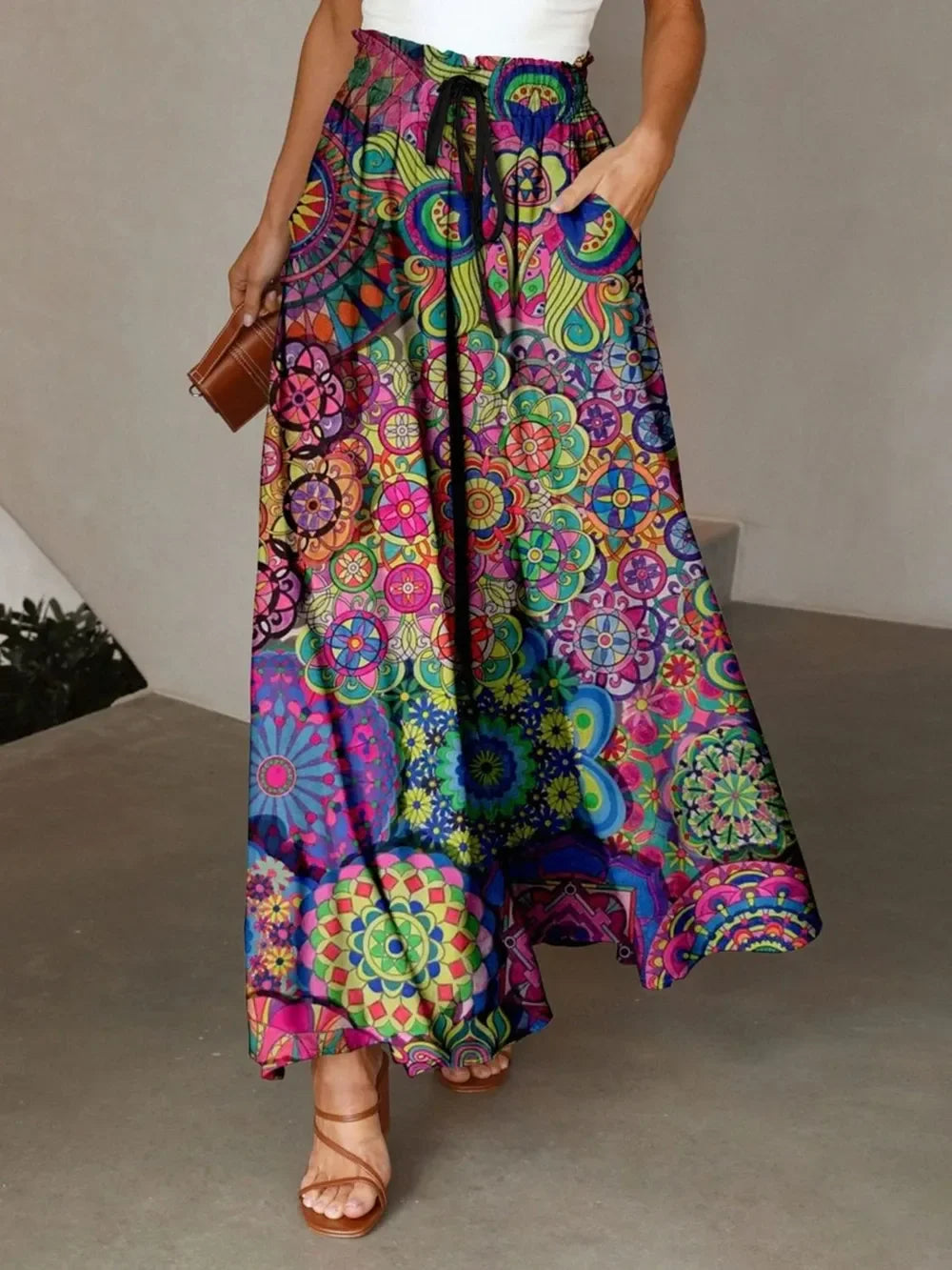 Printed Maxi Skirt With Pockets And Drawstring - Southern Shores Clothing