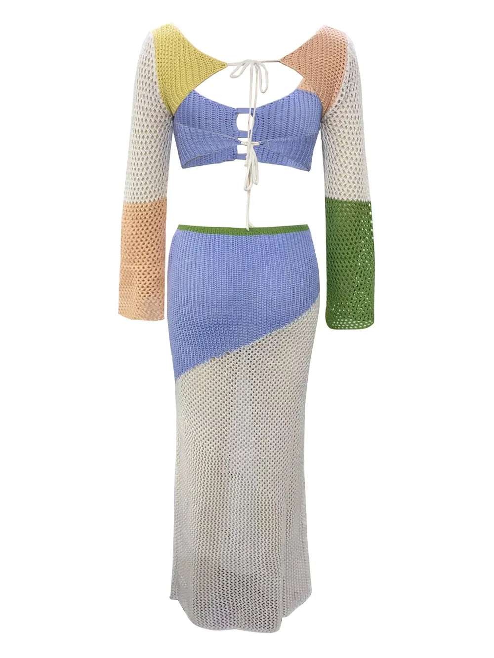 Crochet Tie Front Long Sleeve Top And Maxi Skirt Two Piece Set - Southern Shores Clothing