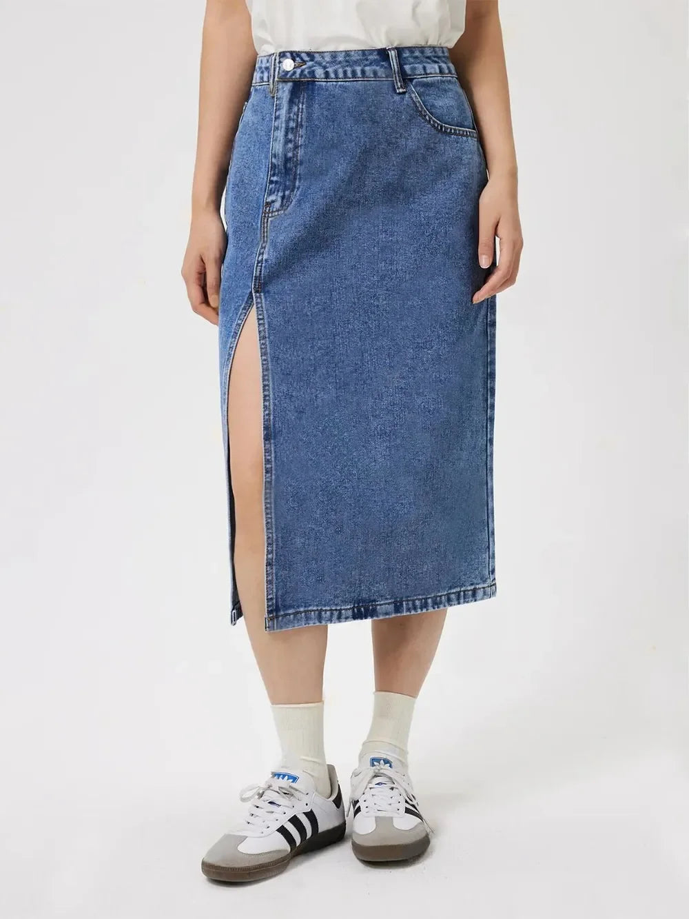 Nautical Slit Midi Denim Skirt With Pockets - Southern Shores Clothing