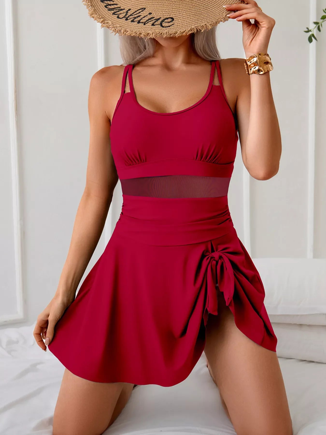 Mesh Panel Scoop Neck One-Piece Swimsuit With Removable Pads - Southern Shores Clothing
