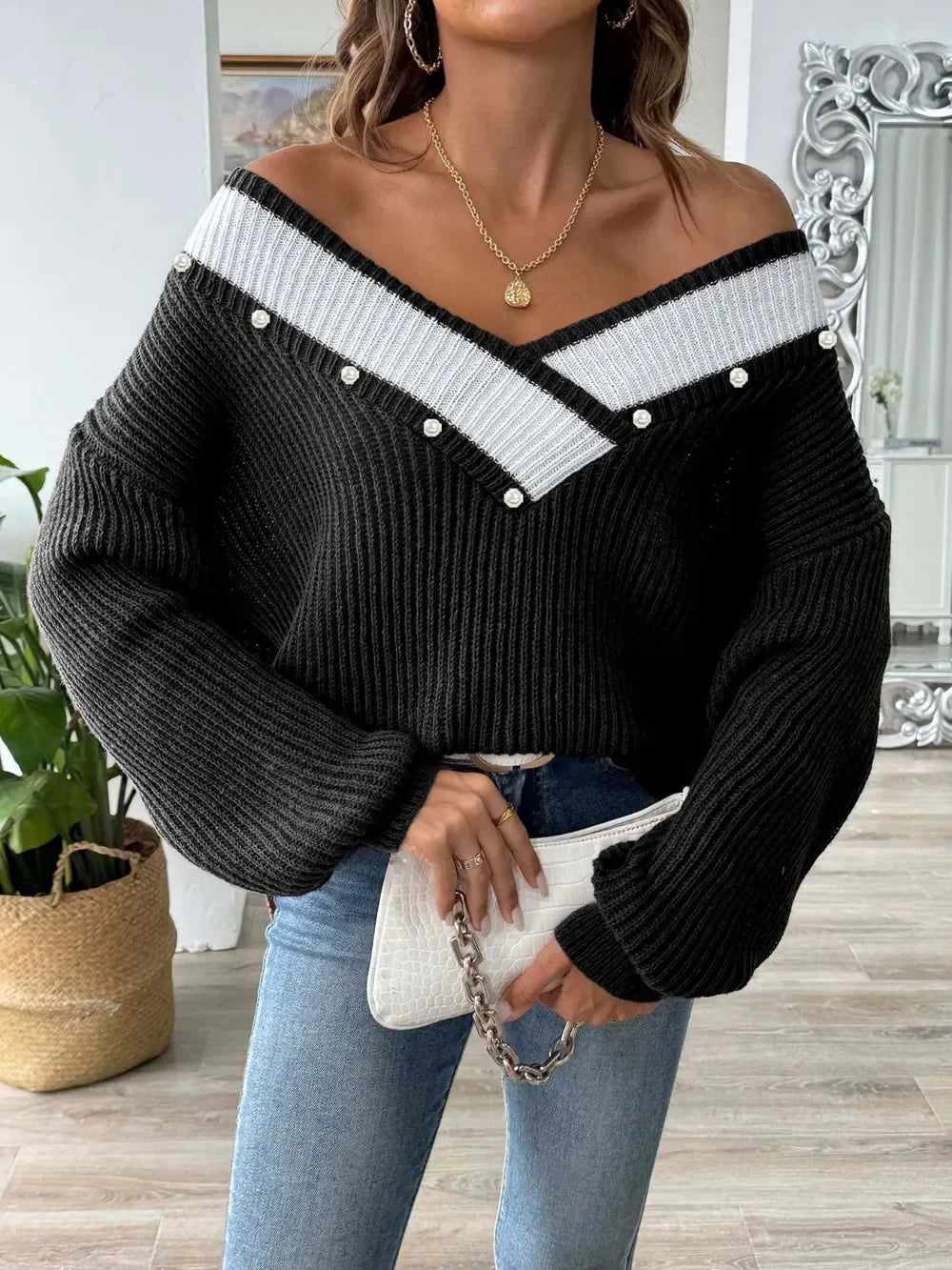 Contrast Trim Dropped Shoulder Long Sleeve Sweater - Southern Shores Clothing