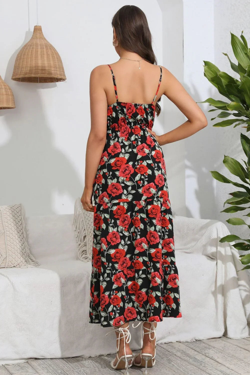 Rose Print Spaghetti Strap Sweetheart Neck Dress - Southern Shores Clothing