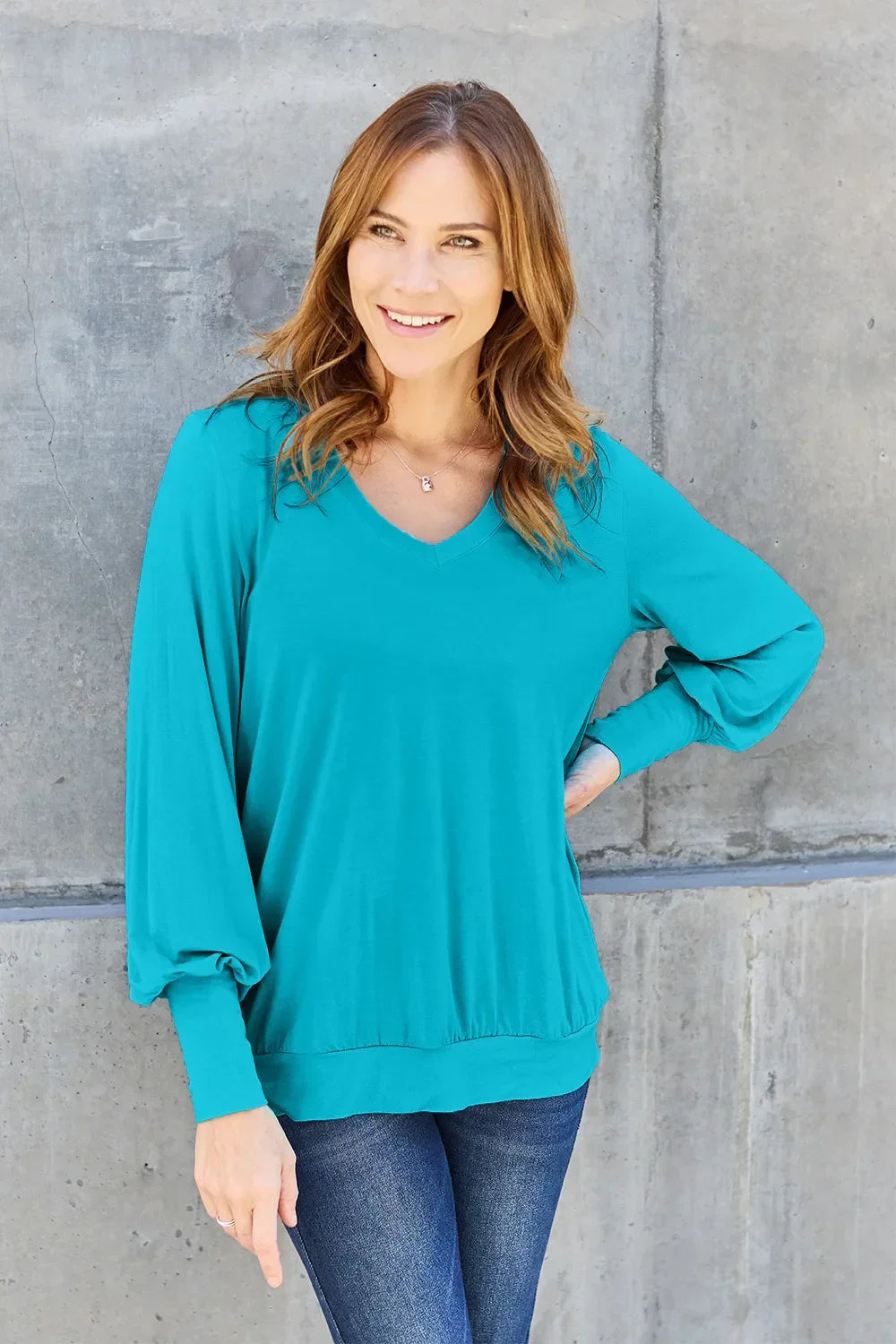 V Neck Lantern Sleeve Top Lightweight Stretch - Southern Shores Clothing